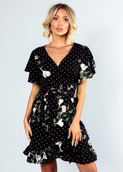 Beyond Belief Wrap Dress - Black Floral