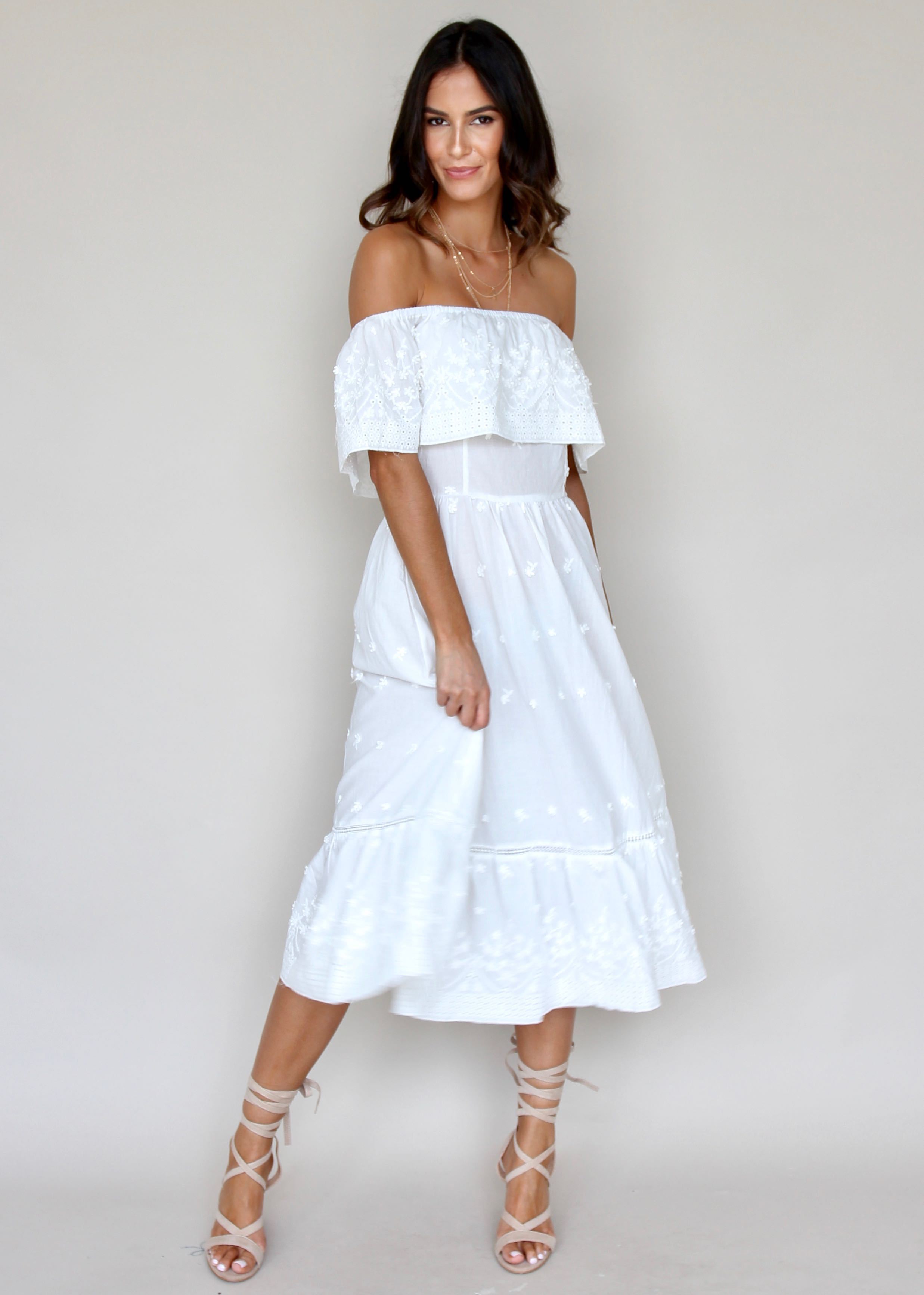 Maria Midi Dress - White Embroidered