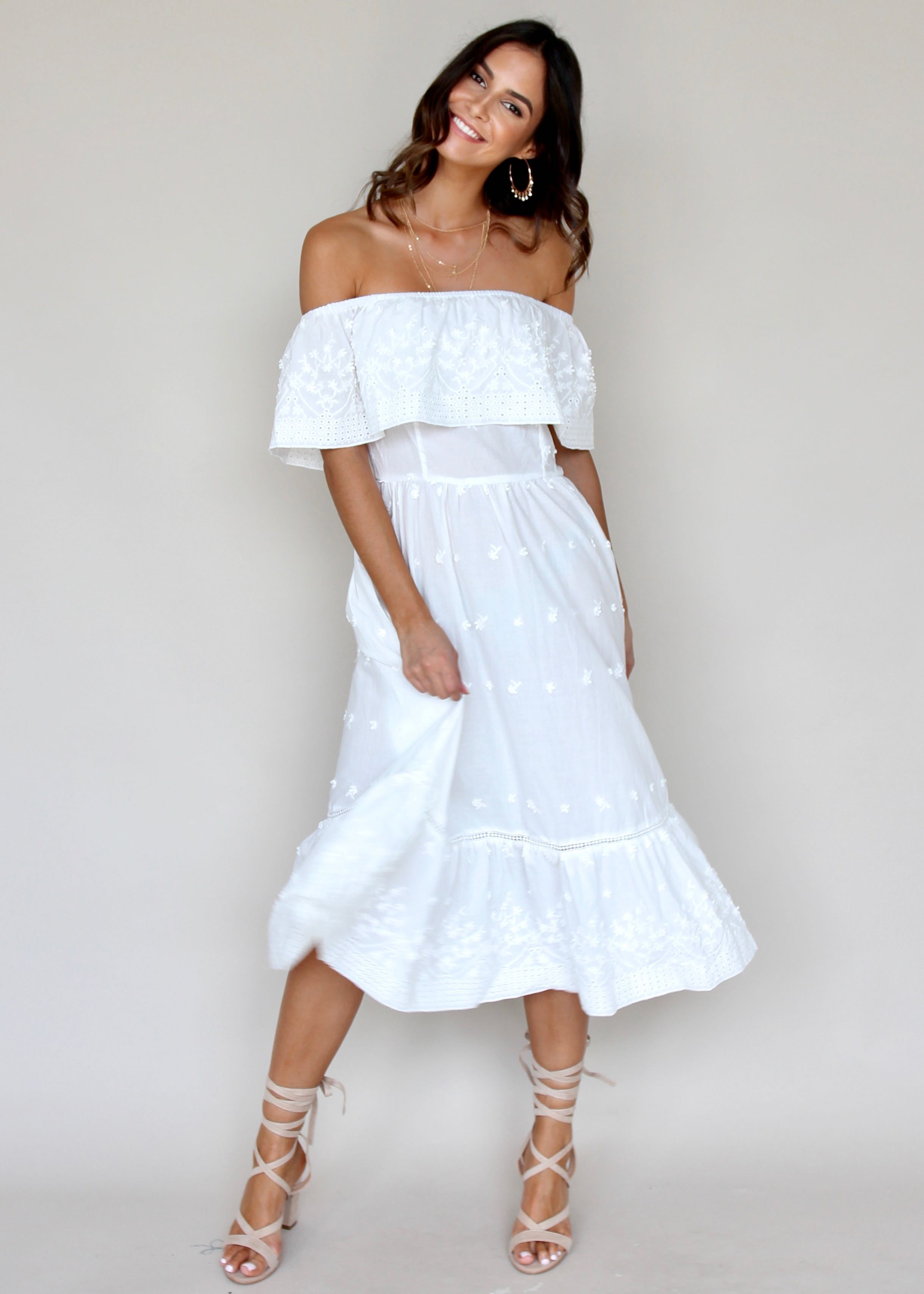 Maria Midi Dress - White Embroidered