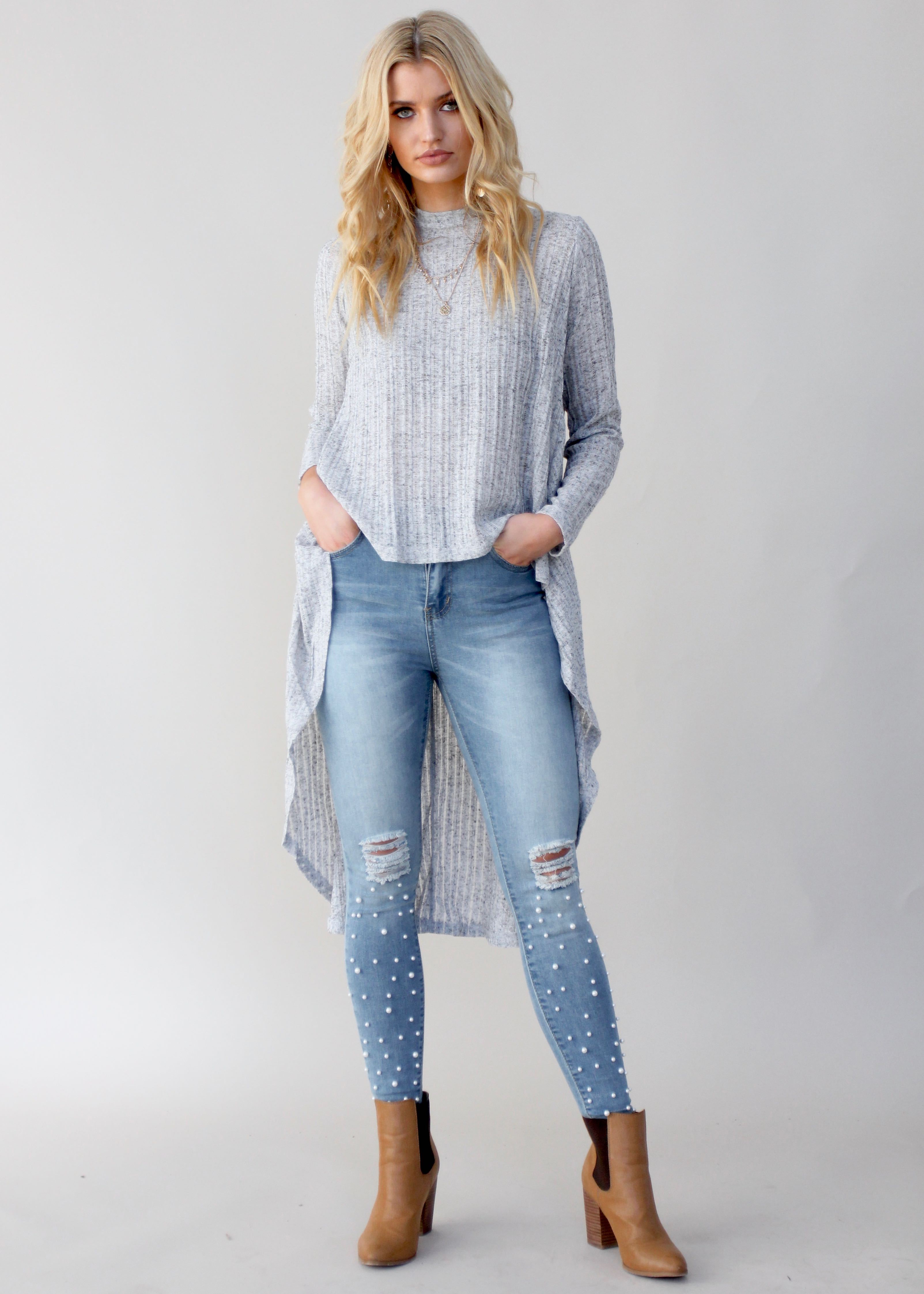 Heartlands Hi-Lo L/S Blouse - Grey Marle