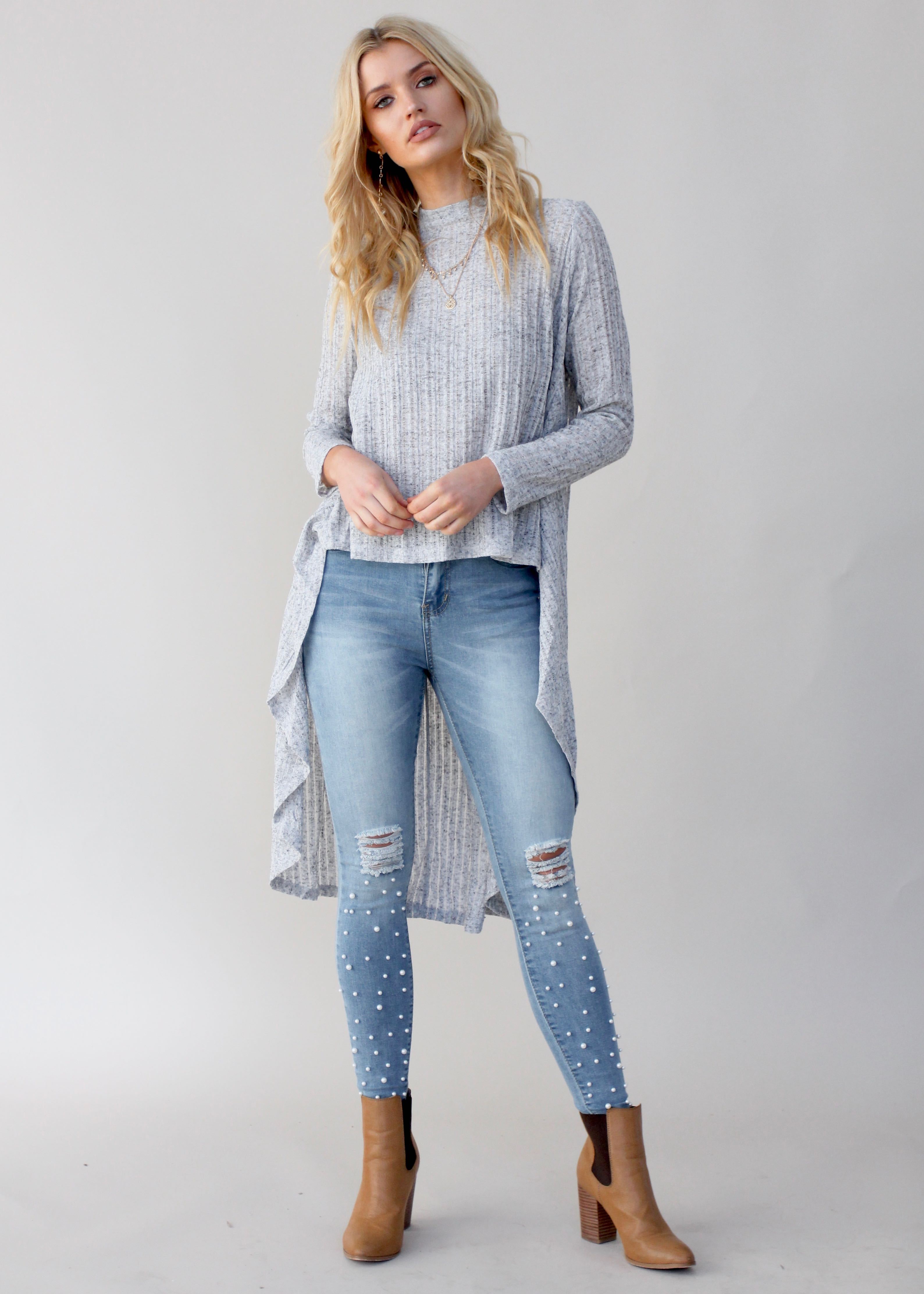 Heartlands Hi-Lo L/S Blouse - Grey Marle
