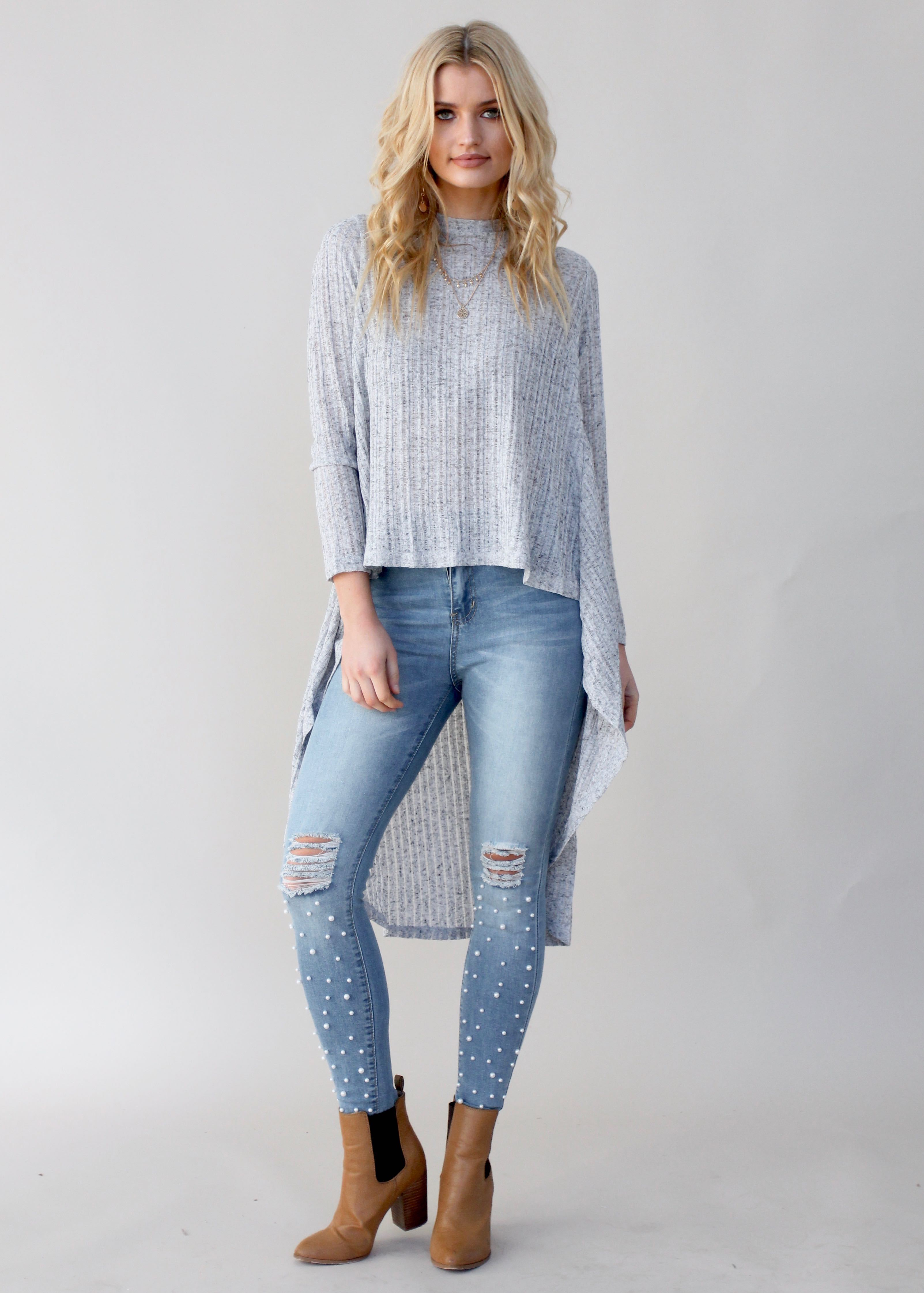 Heartlands Hi-Lo L/S Blouse - Grey Marle