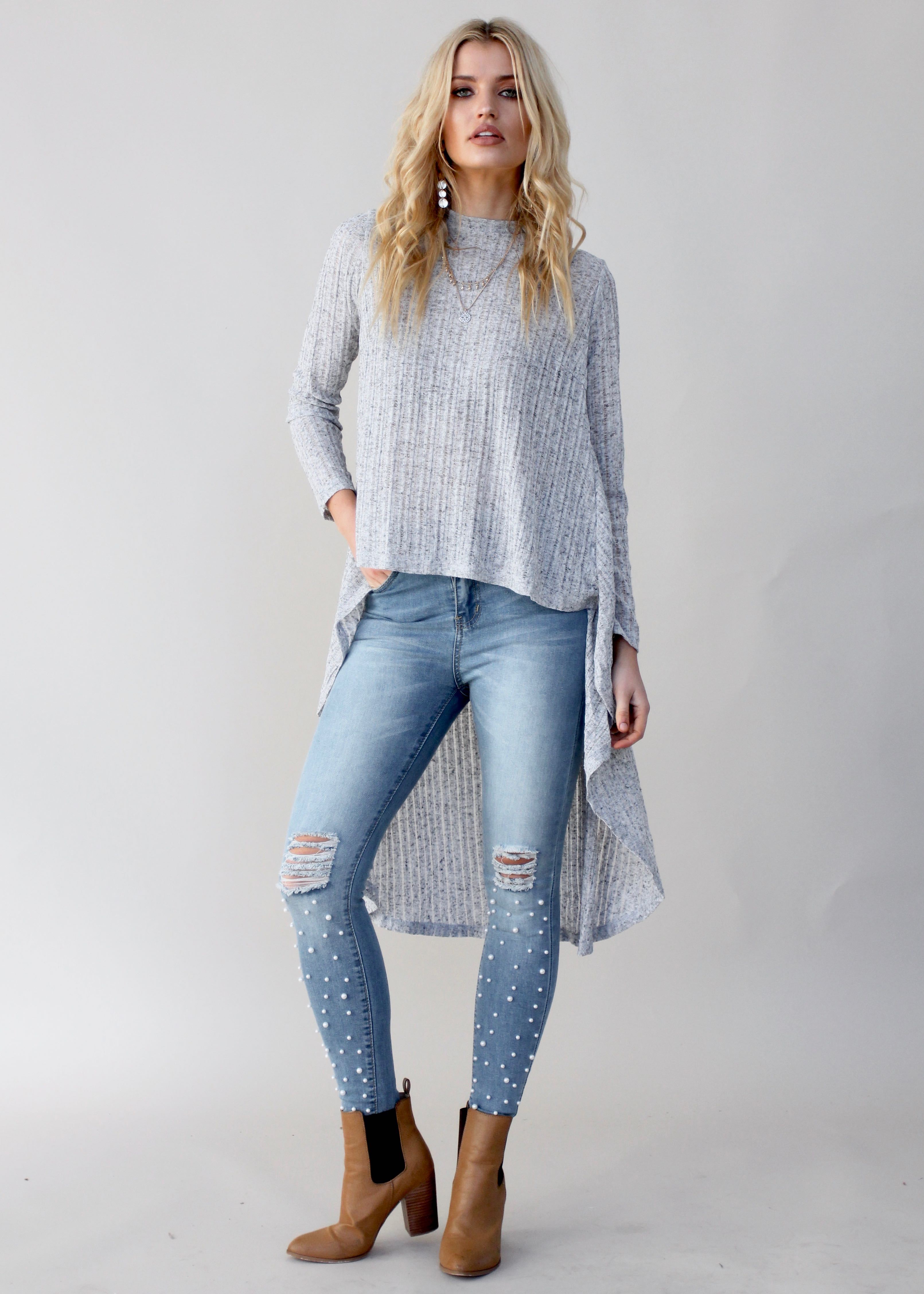 Heartlands Hi-Lo L/S Blouse - Grey Marle