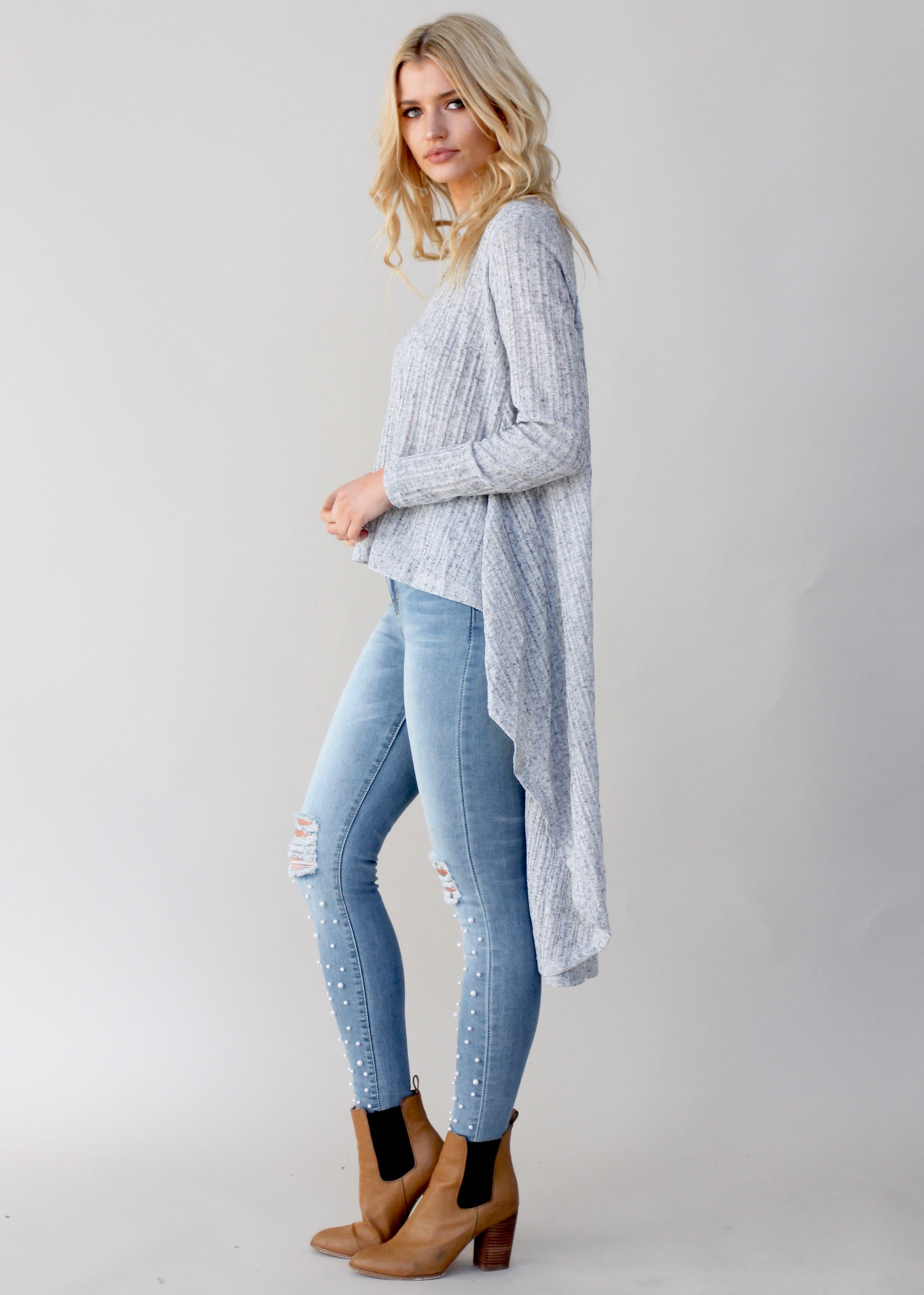 Heartlands Hi-Lo L/S Blouse - Grey Marle
