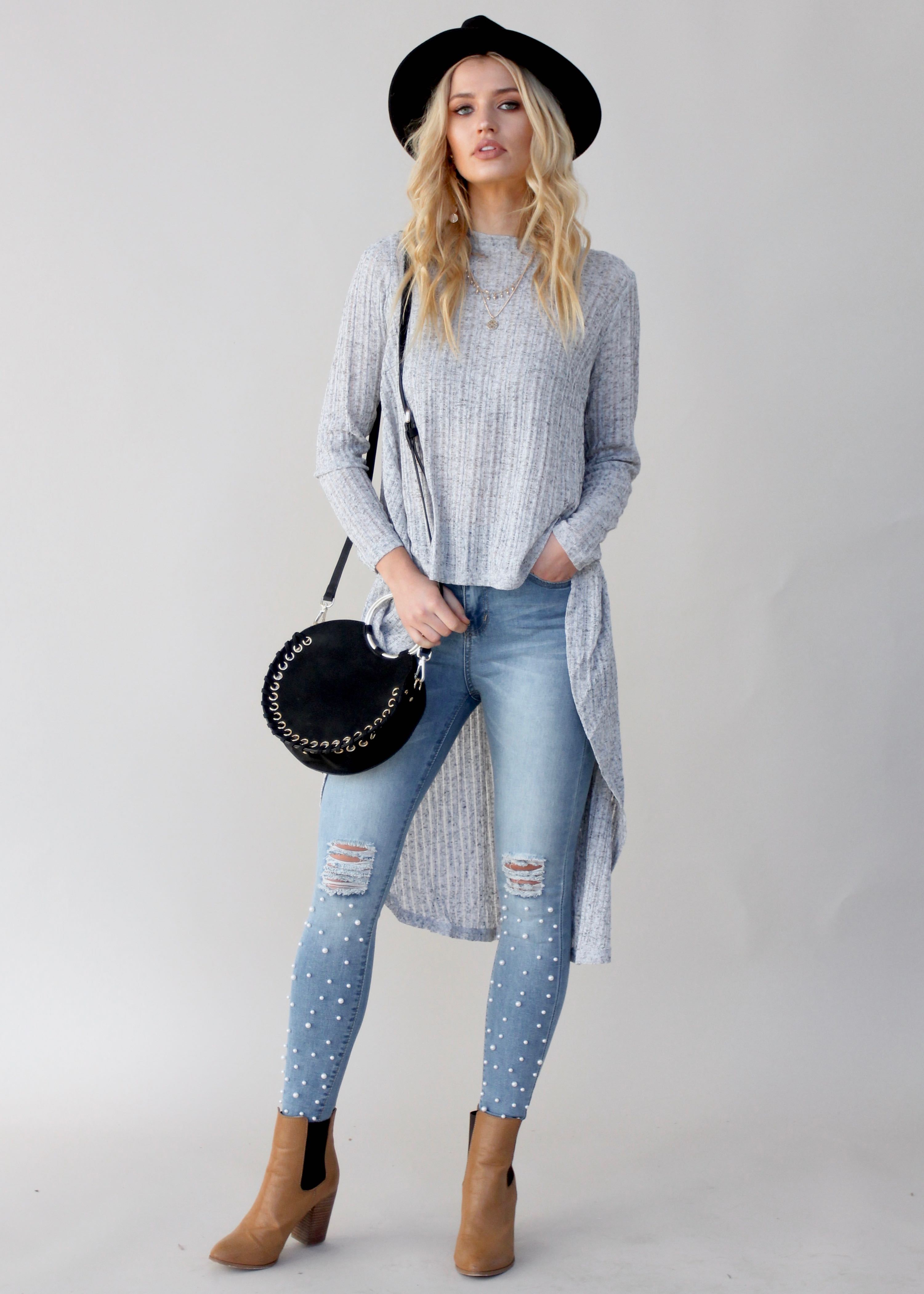 Heartlands Hi-Lo L/S Blouse - Grey Marle