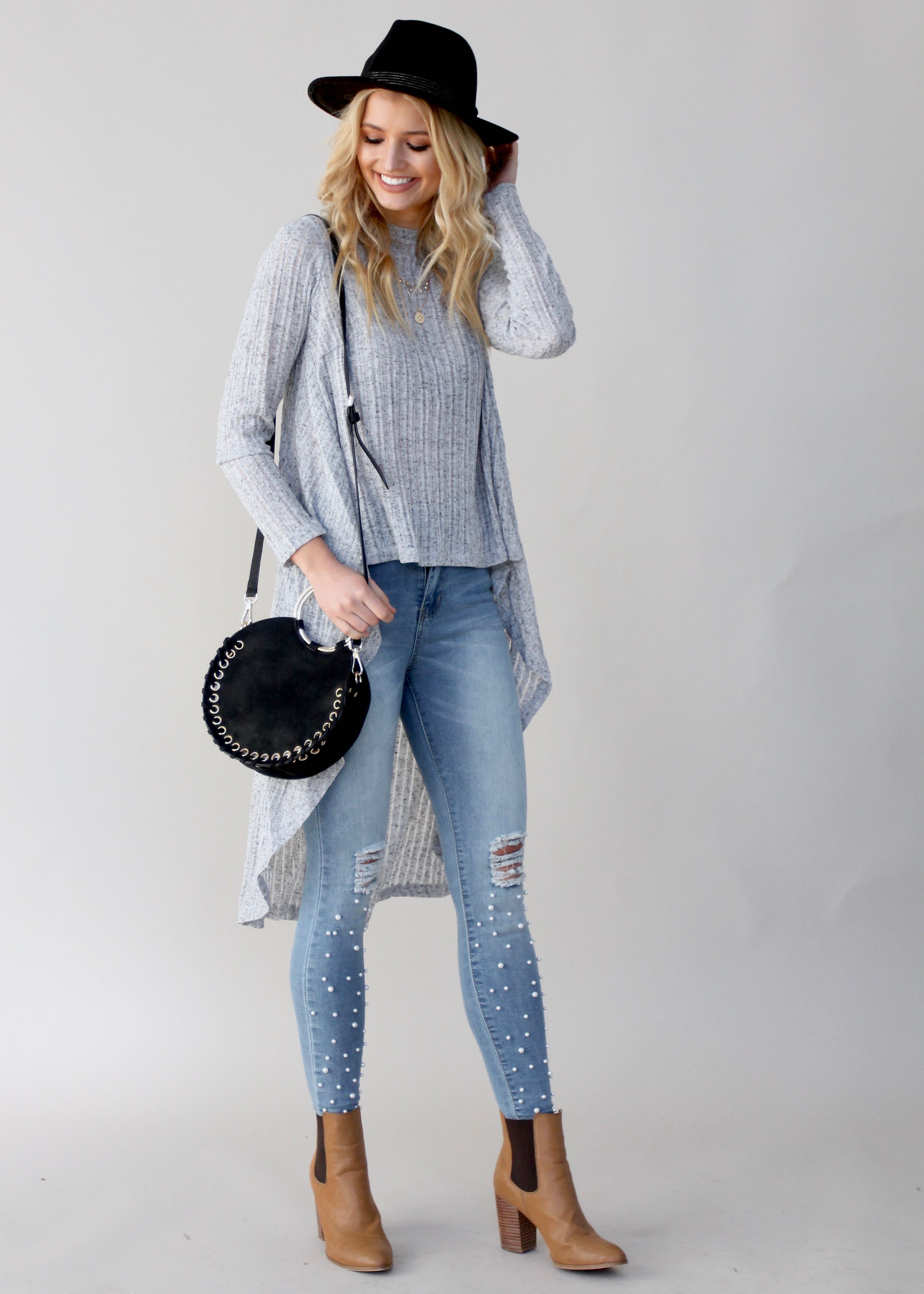 Heartlands Hi-Lo L/S Blouse - Grey Marle