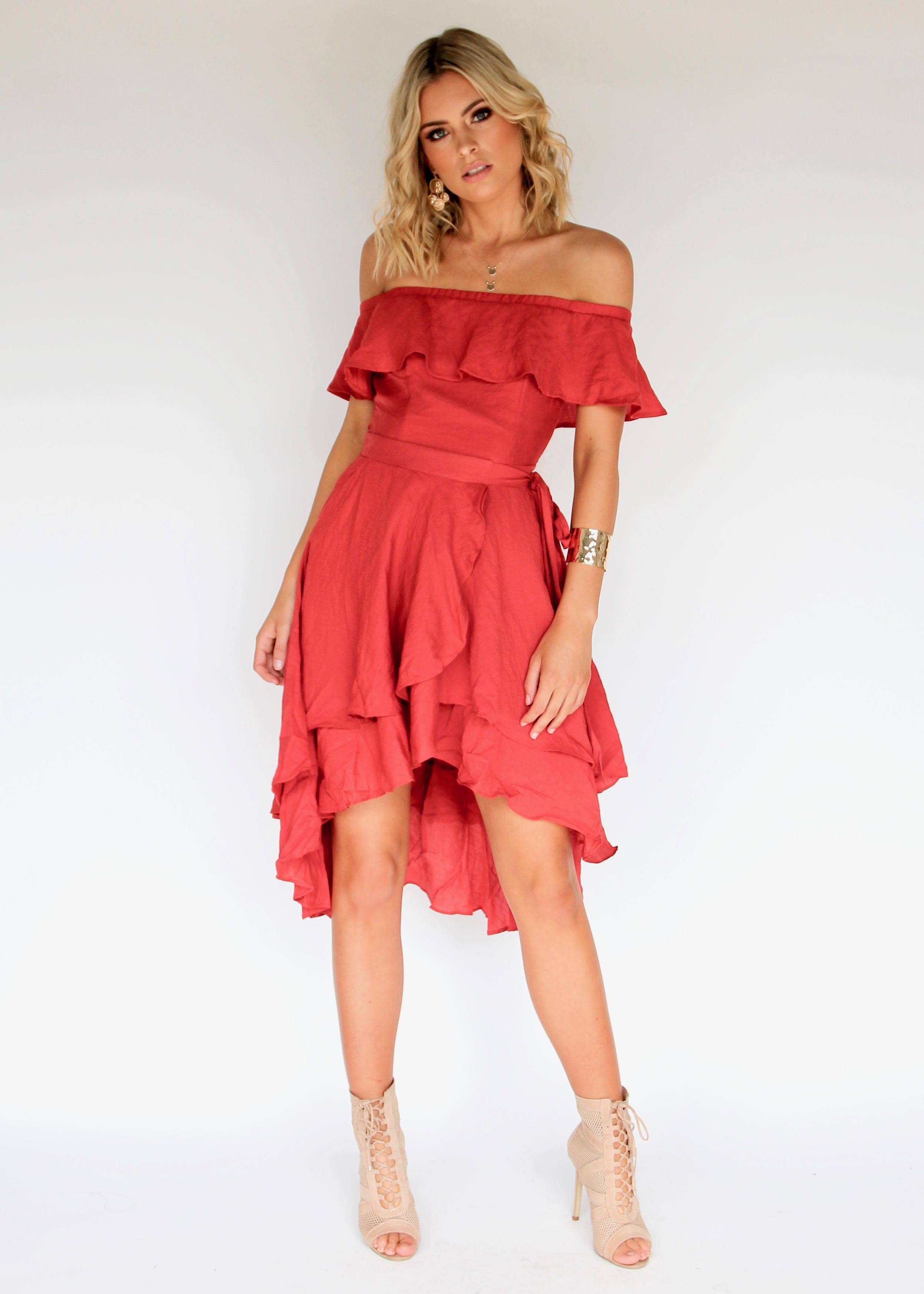 Senorita Off Shoulder Dress - Crimson