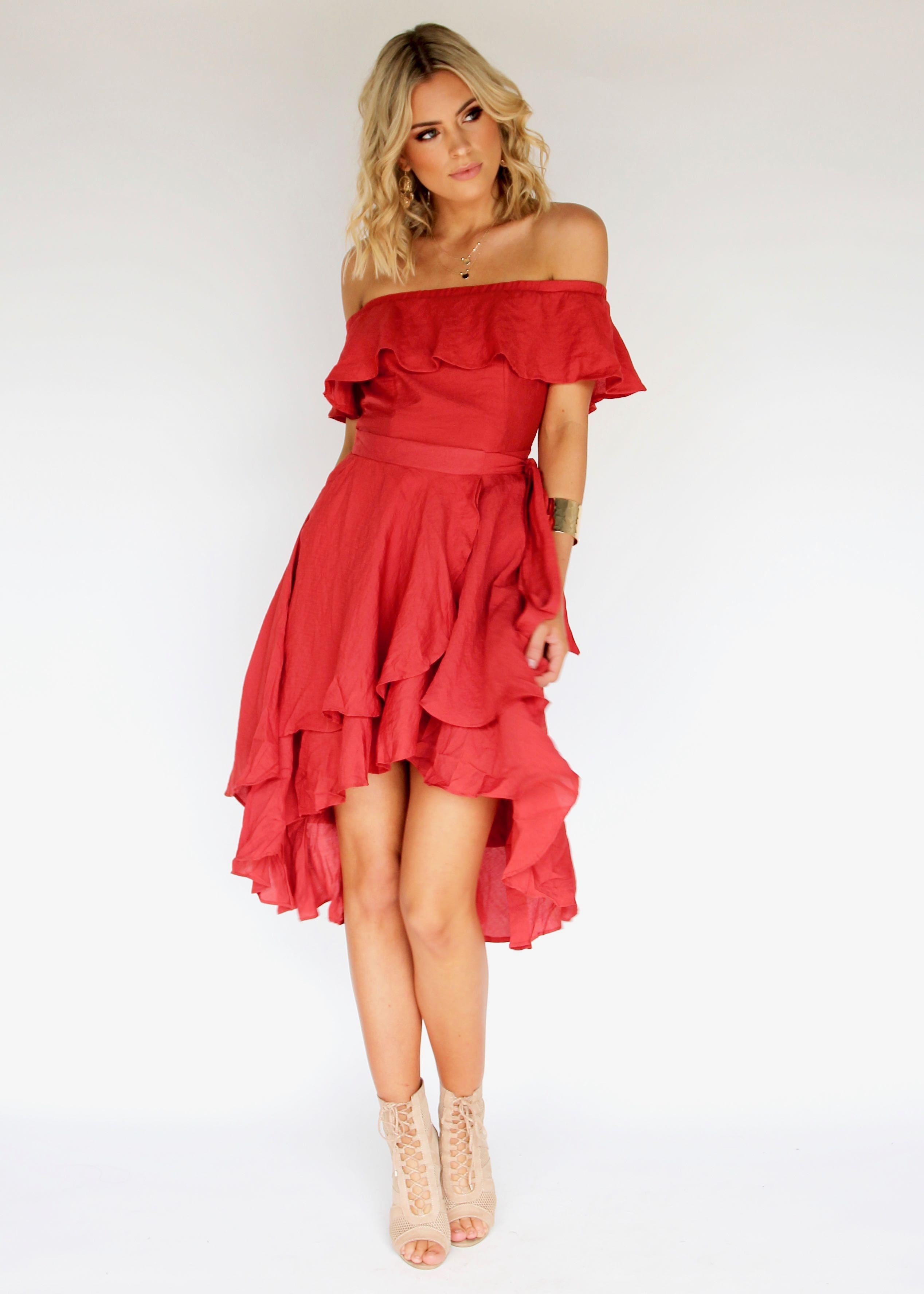 Senorita Off Shoulder Dress - Crimson
