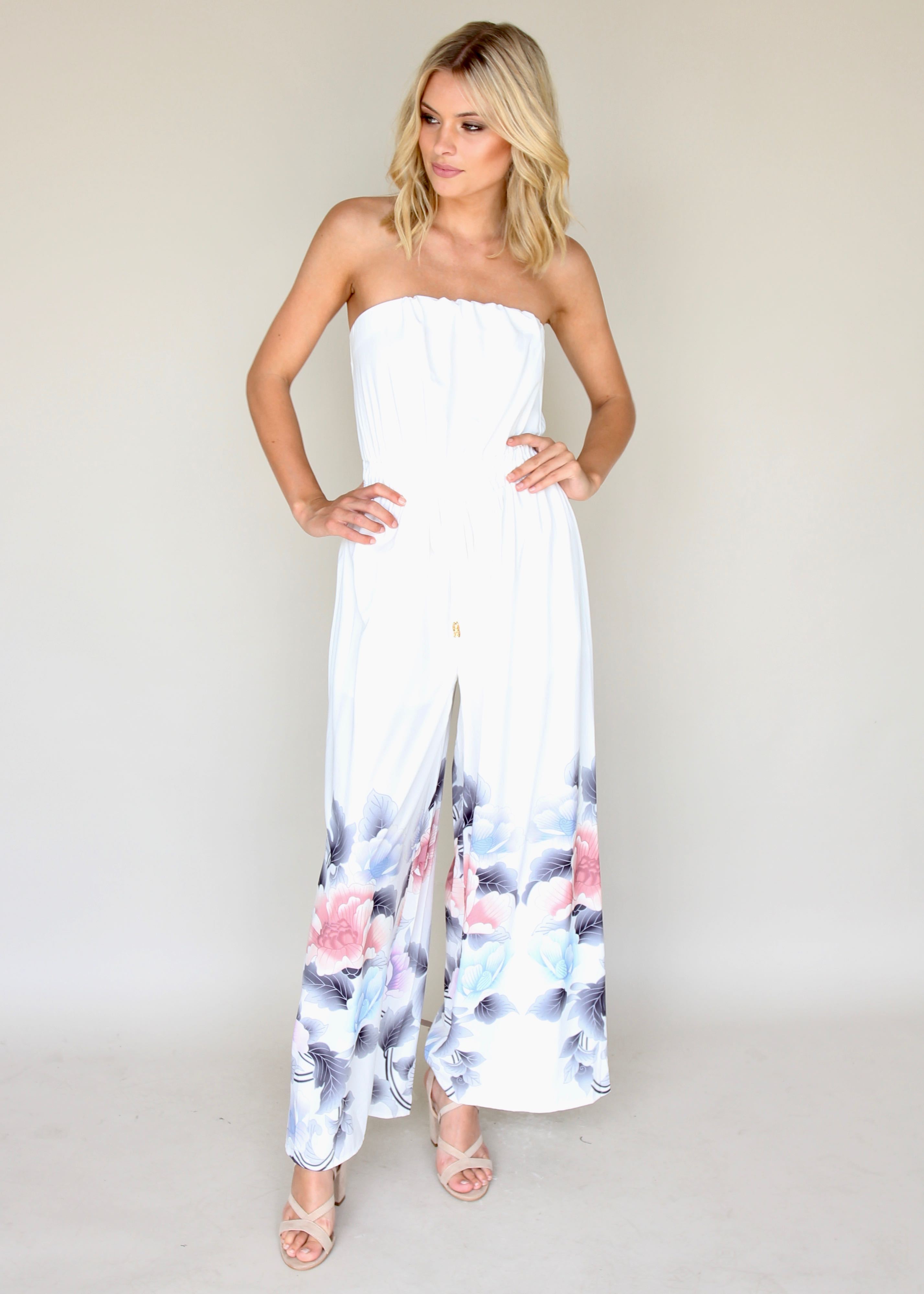 Luminous Love Strapless Pantsuit - White Floral