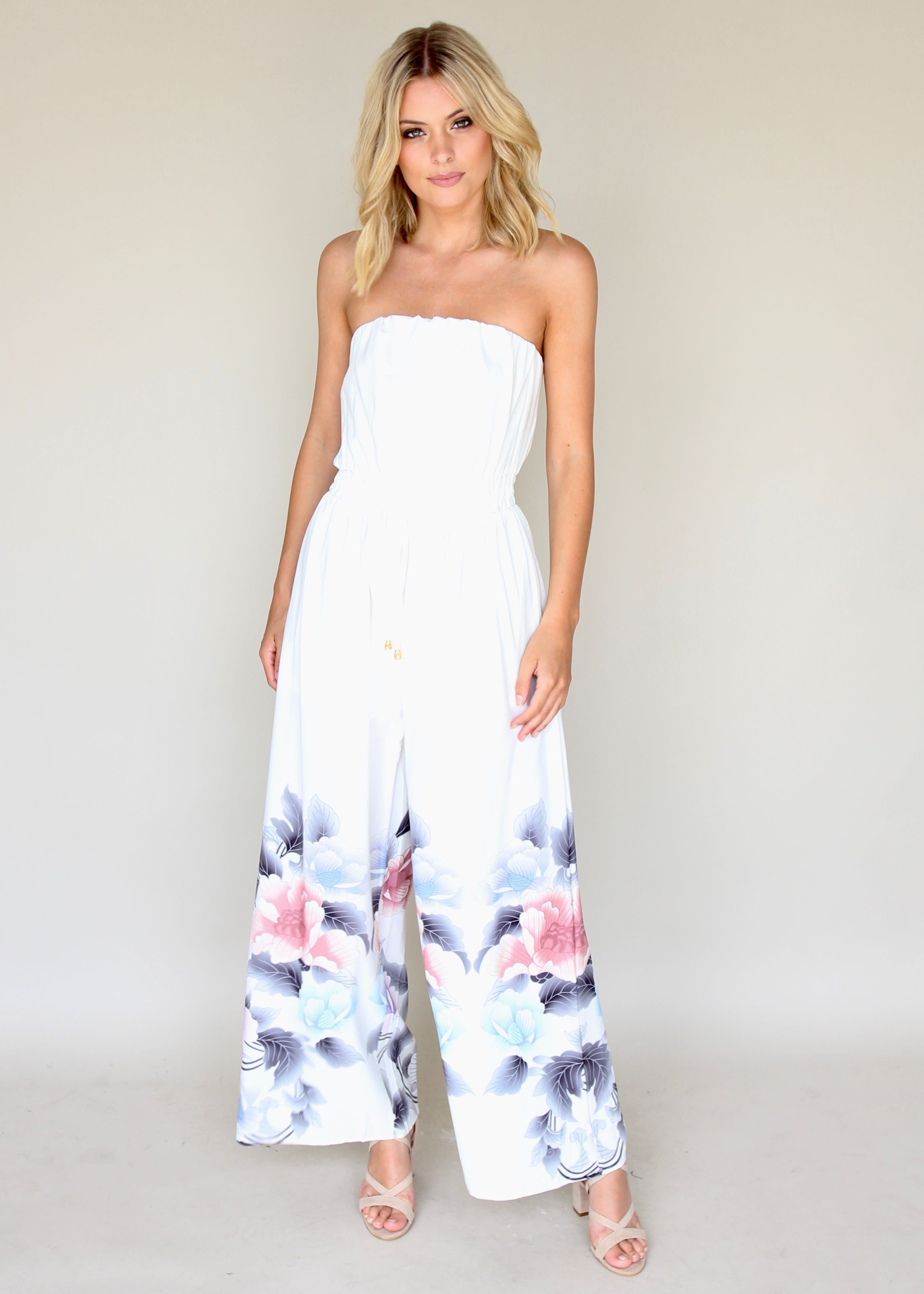 Luminous Love Strapless Pantsuit - White Floral