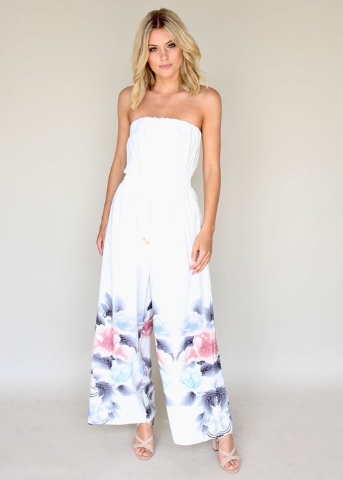 Luminous Love Strapless Pantsuit - White Floral