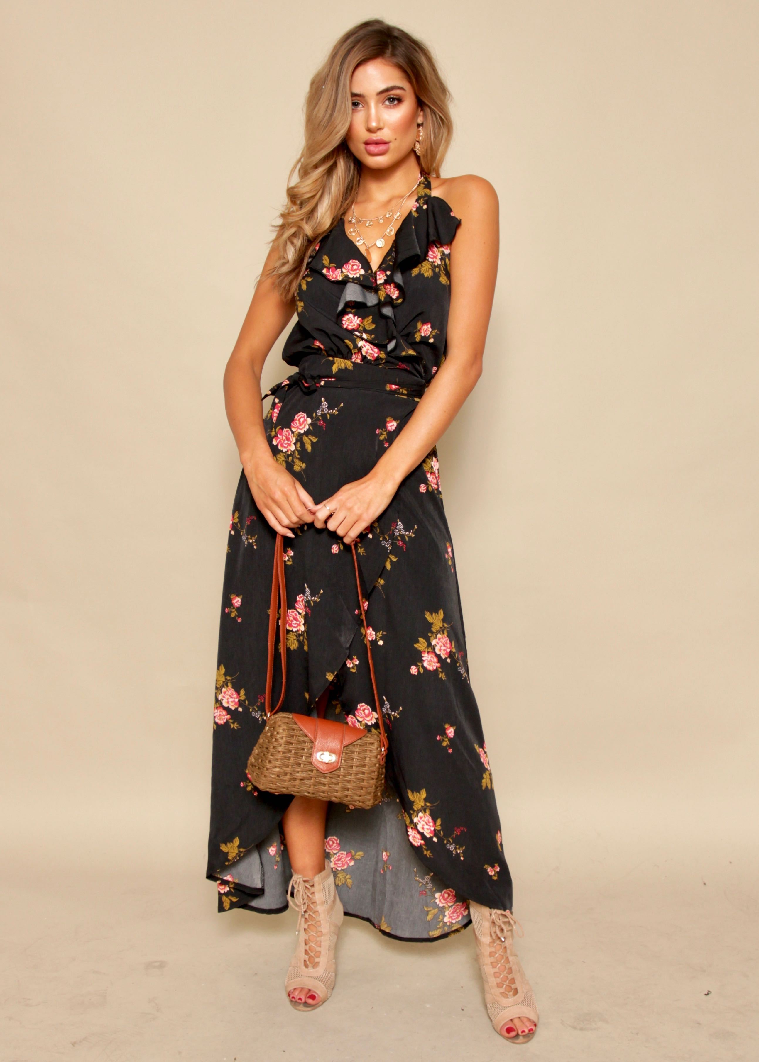 Emerald City Wrap Dress - Black Roses