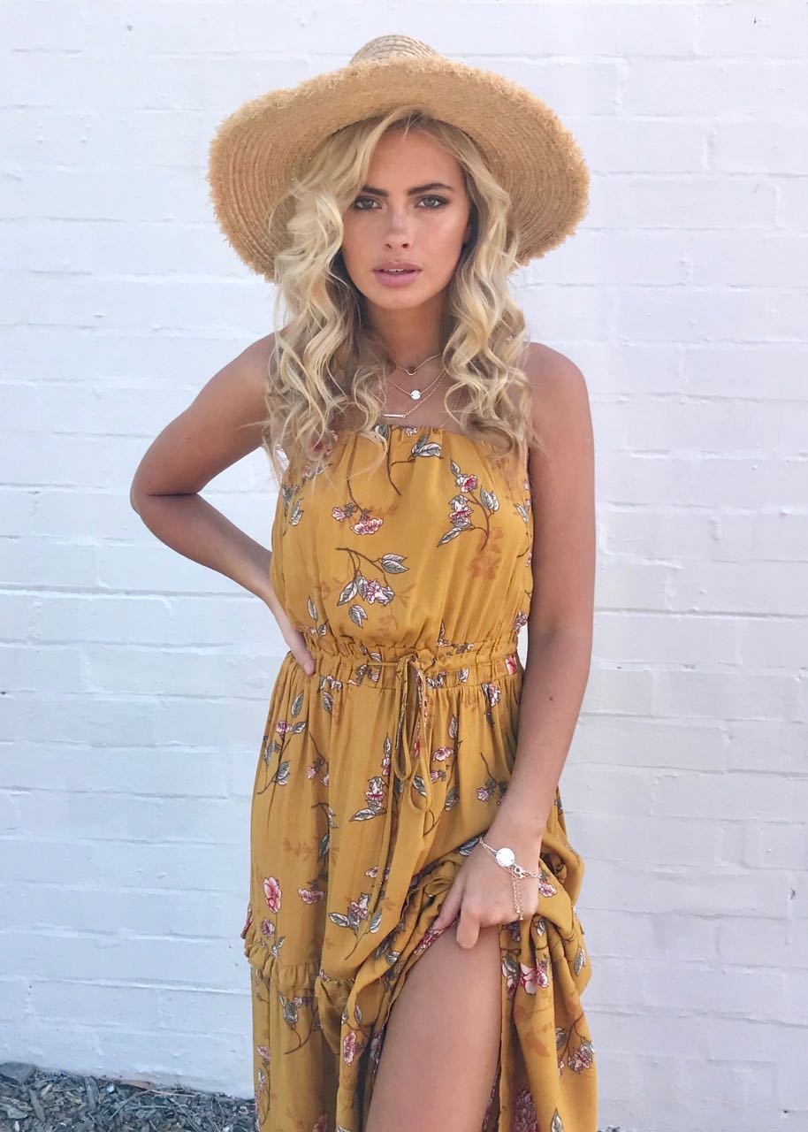 Lucina Strapless Dress - Mustard Floral