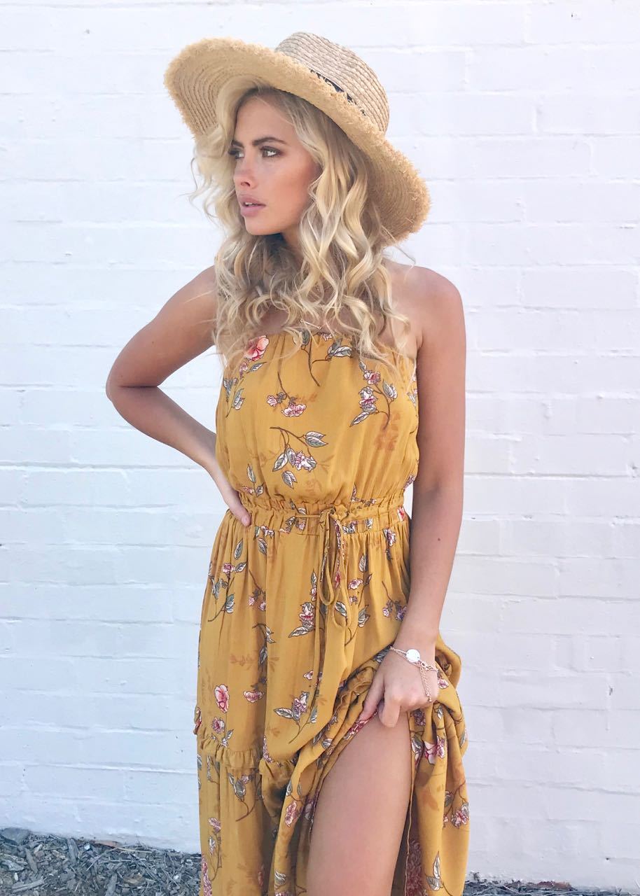 Lucina Strapless Dress - Mustard Floral