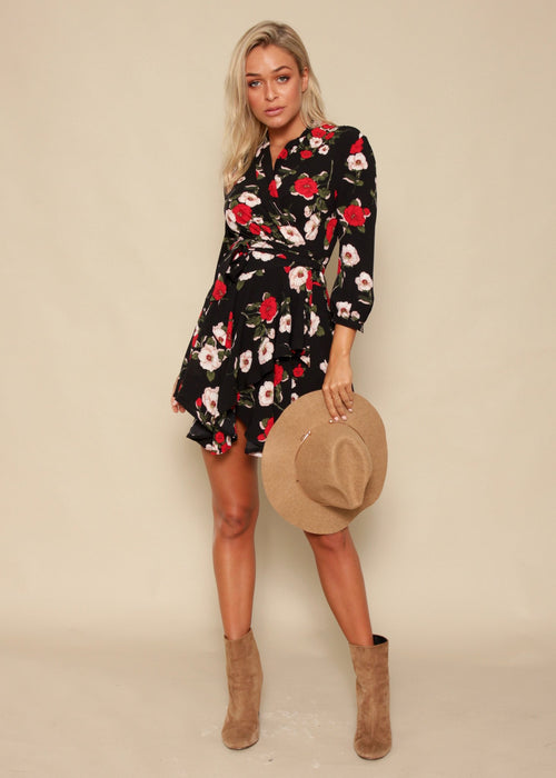 Against The Tide Wrap Dress - Black Floral