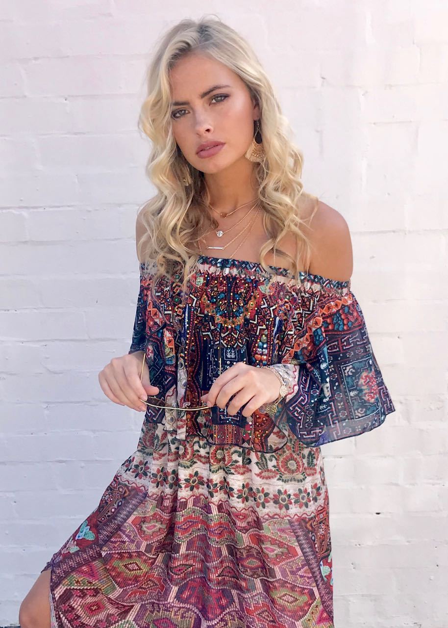 Night Sky Off Shoulder Dress - Moroccan