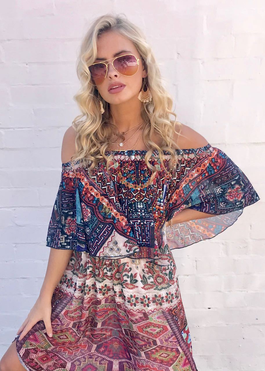 Night Sky Off Shoulder Dress - Moroccan