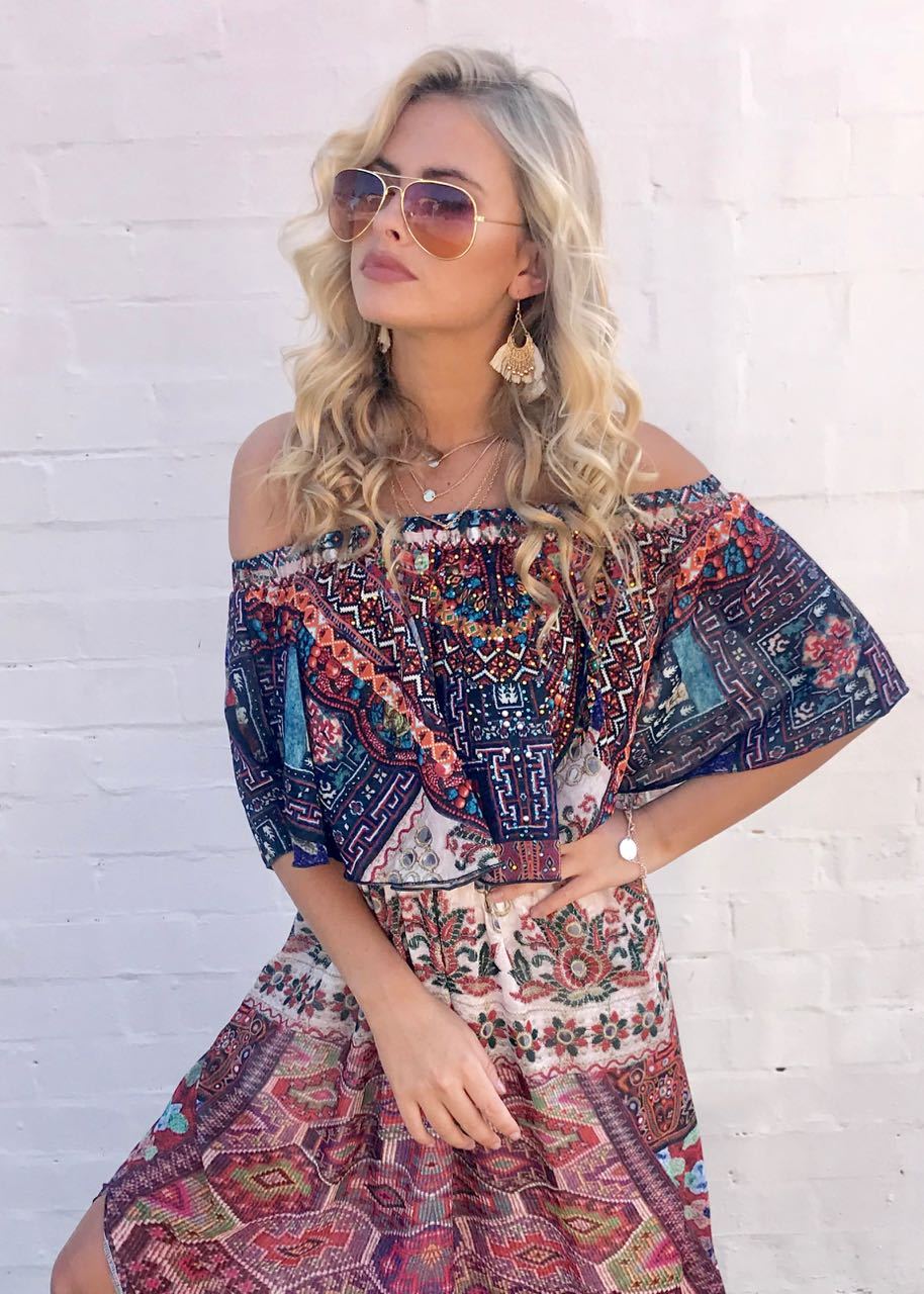 Night Sky Off Shoulder Dress - Moroccan