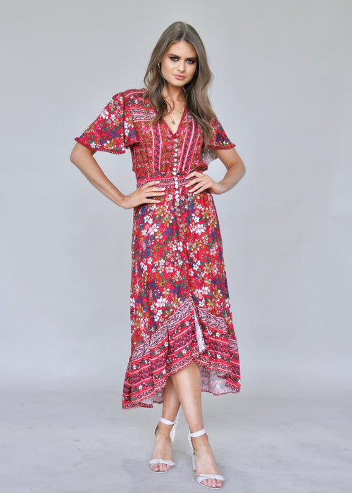 Leaving California Midi Dress - Red Floral