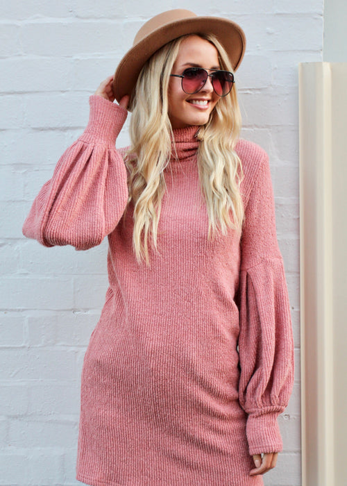 Ayana Roll Neck Knit Dress - Rose
