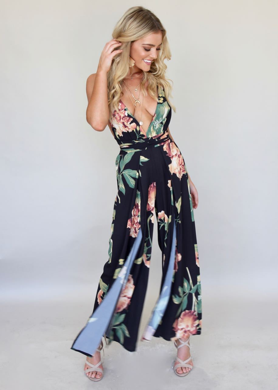 Lost In The Sun Pantsuit - Black Floral