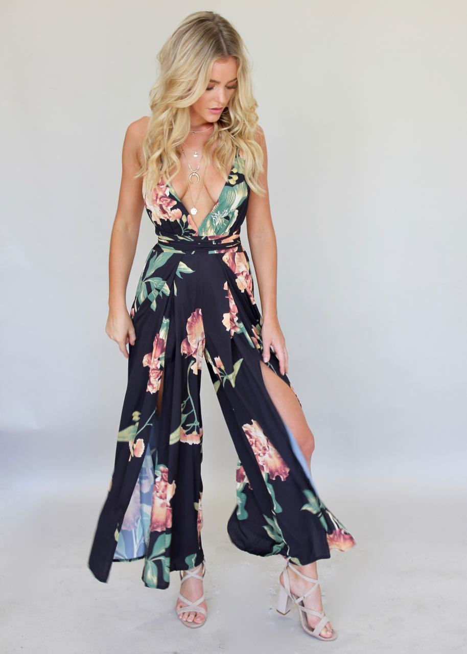 Lost In The Sun Pantsuit - Black Floral