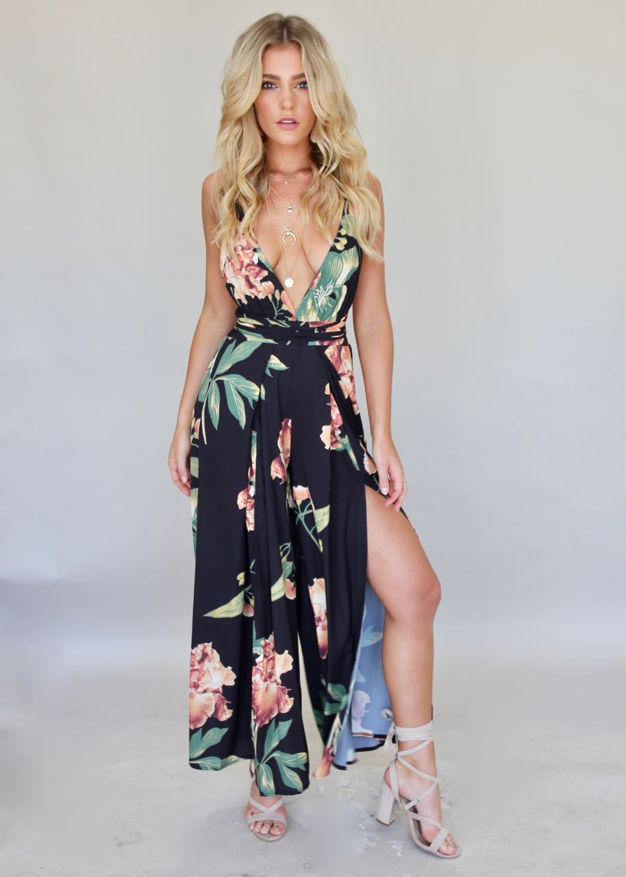 Lost In The Sun Pantsuit - Black Floral
