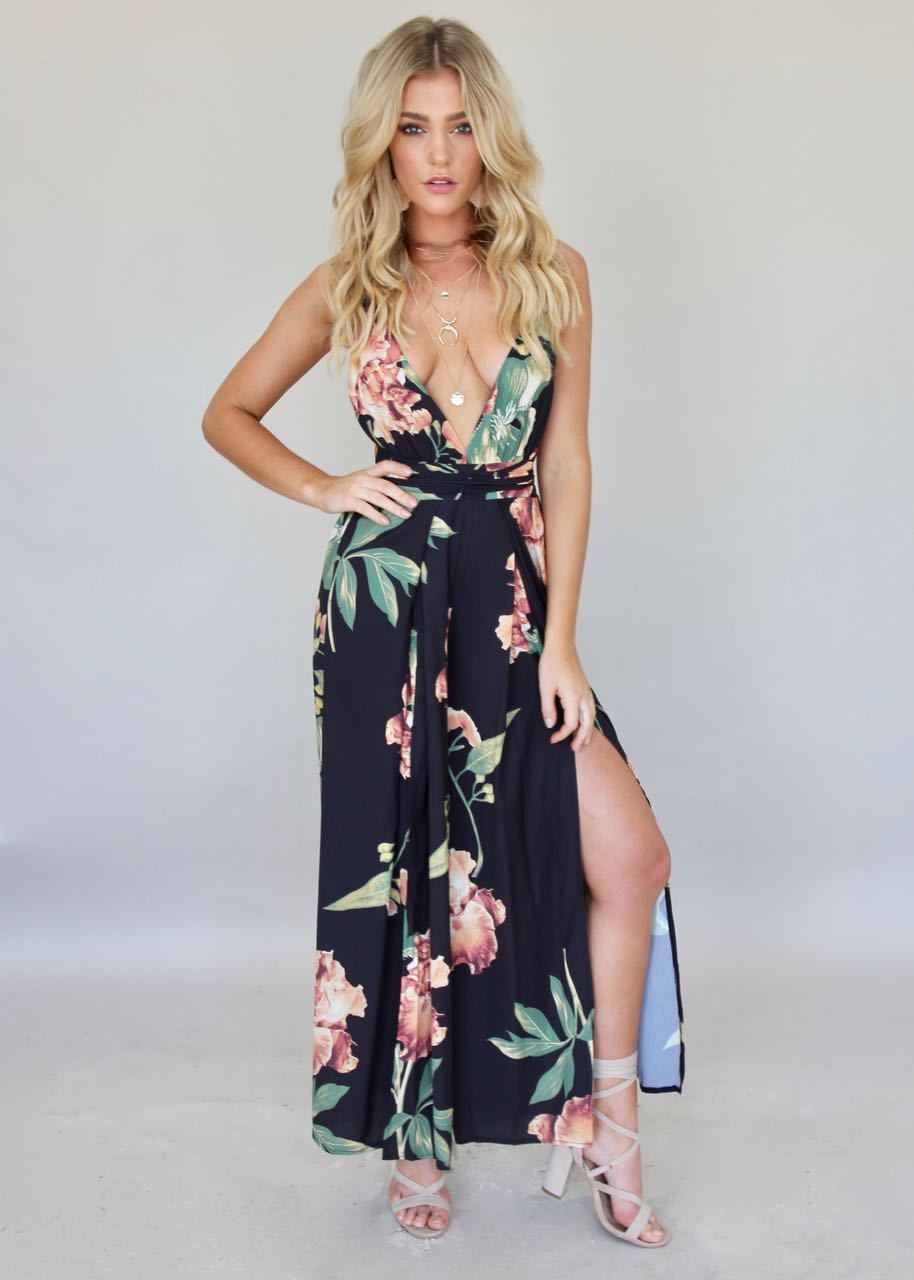 Lost In The Sun Pantsuit - Black Floral