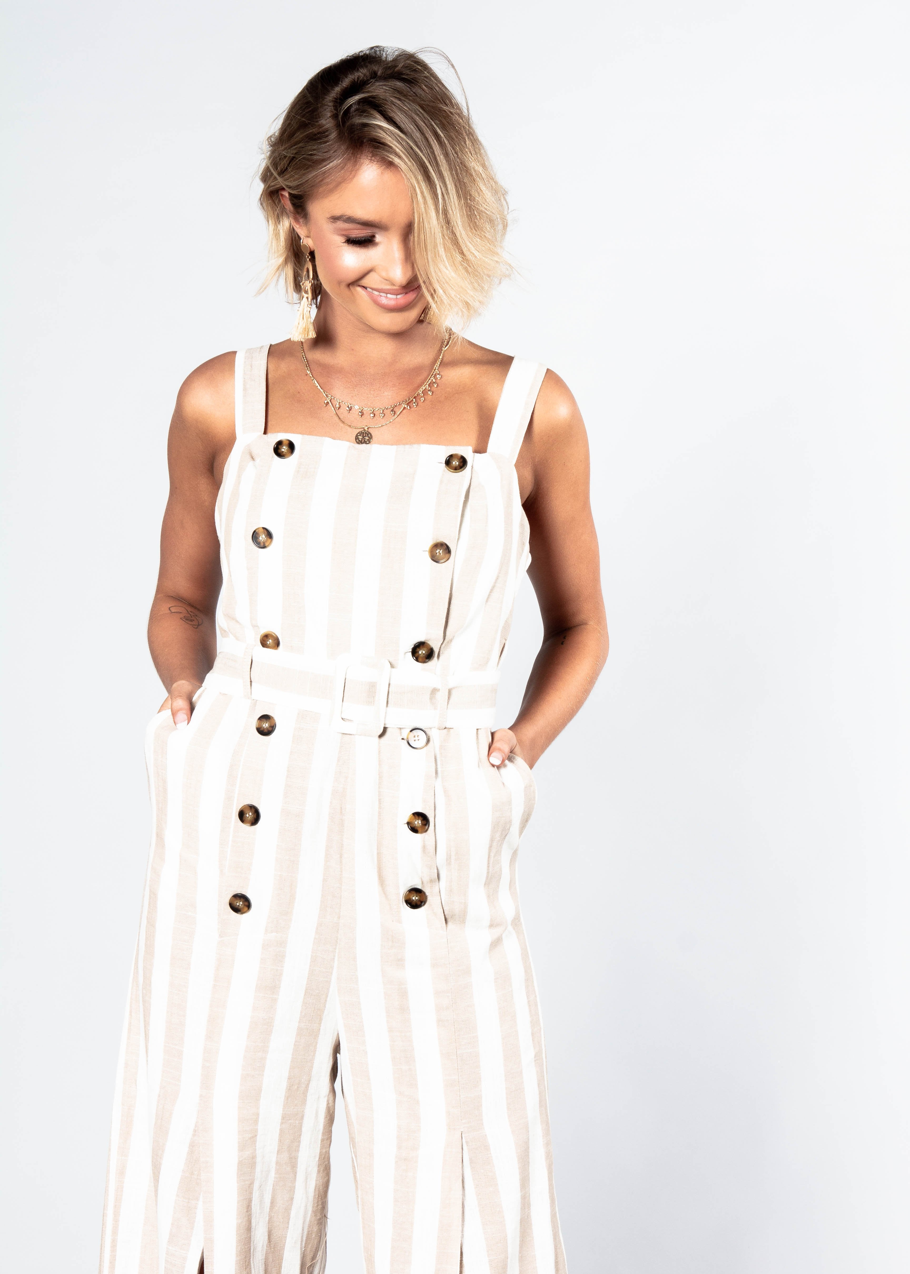 Avery Pantsuit w/ Belt - Mocha Stripe