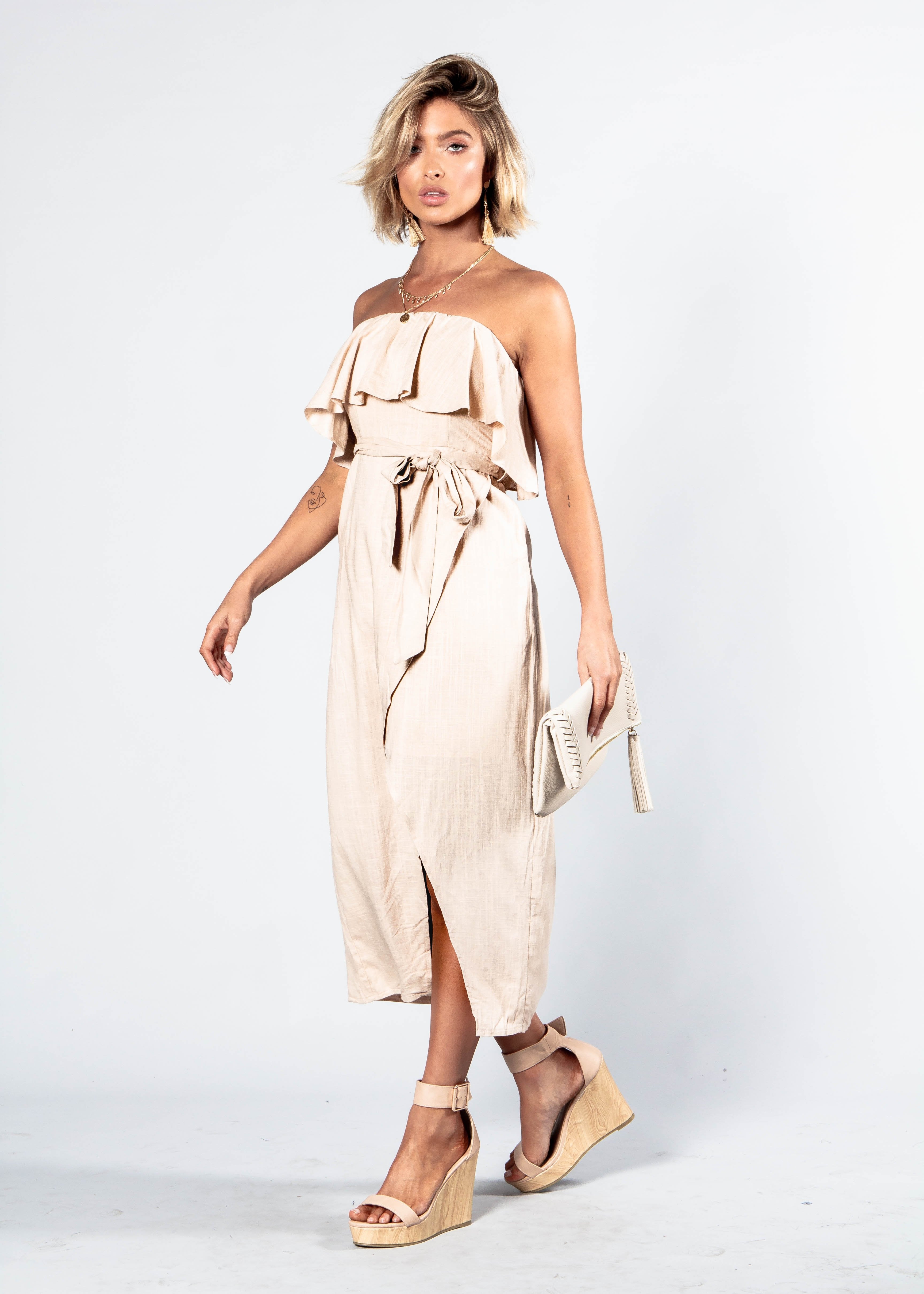 Quinn Strapless Midi Dress w/ Tie - Sand