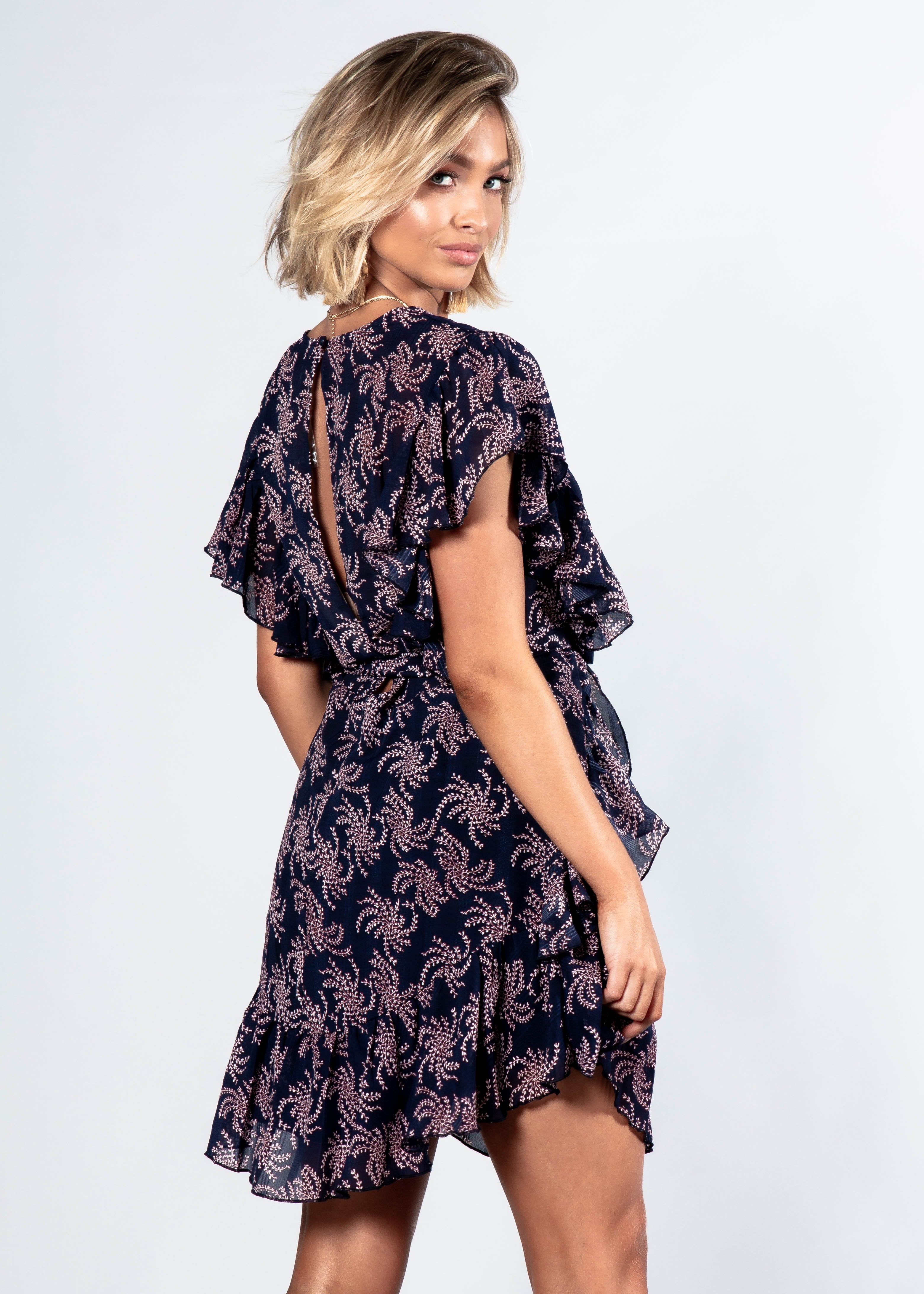 Miles Apart Dress w/ Tie - Navy Floral