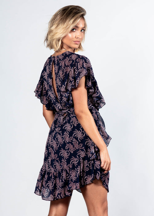 Miles Apart Dress w/ Tie - Navy Floral