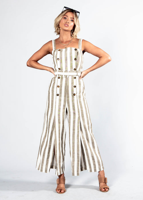 Avery Pantsuit w/ Belt - Khaki Stripe