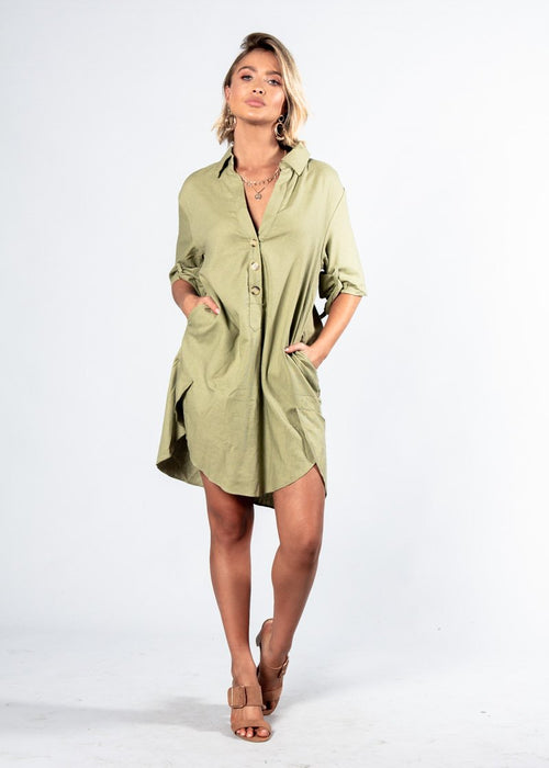 Camryn Linen Shirt Dress - Khaki