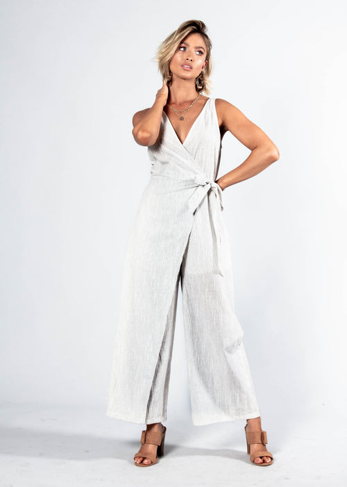 Maitland Tie Pantsuit - Grey Pinstripe