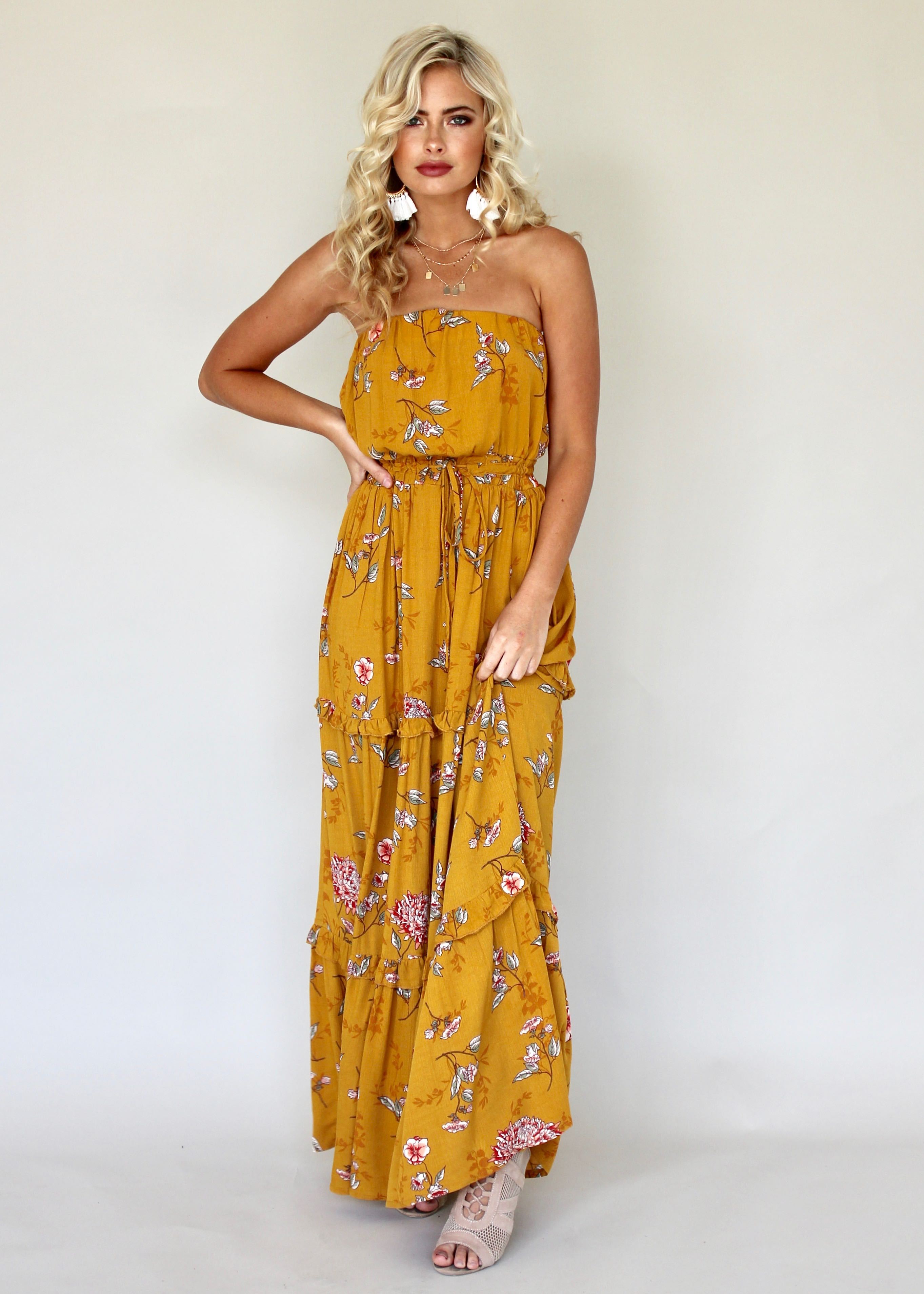 Lucina Strapless Dress - Mustard Floral