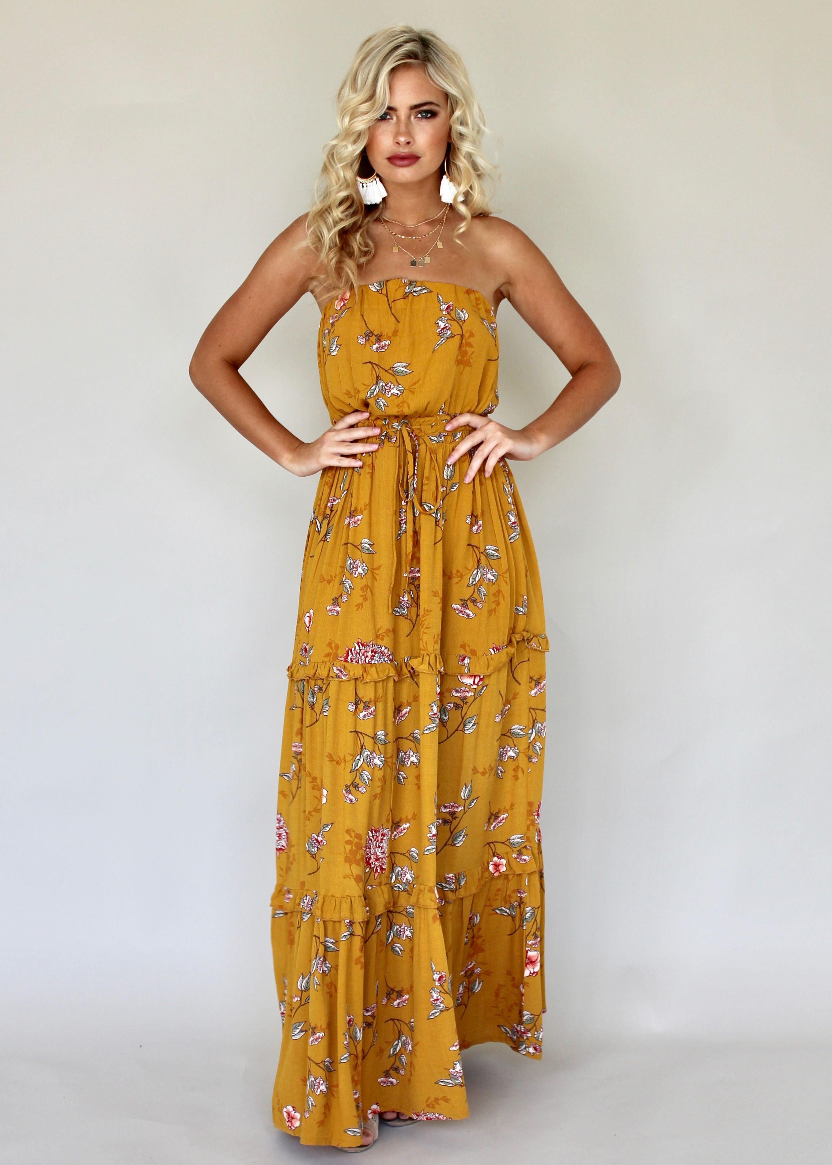 Lucina Strapless Dress - Mustard Floral