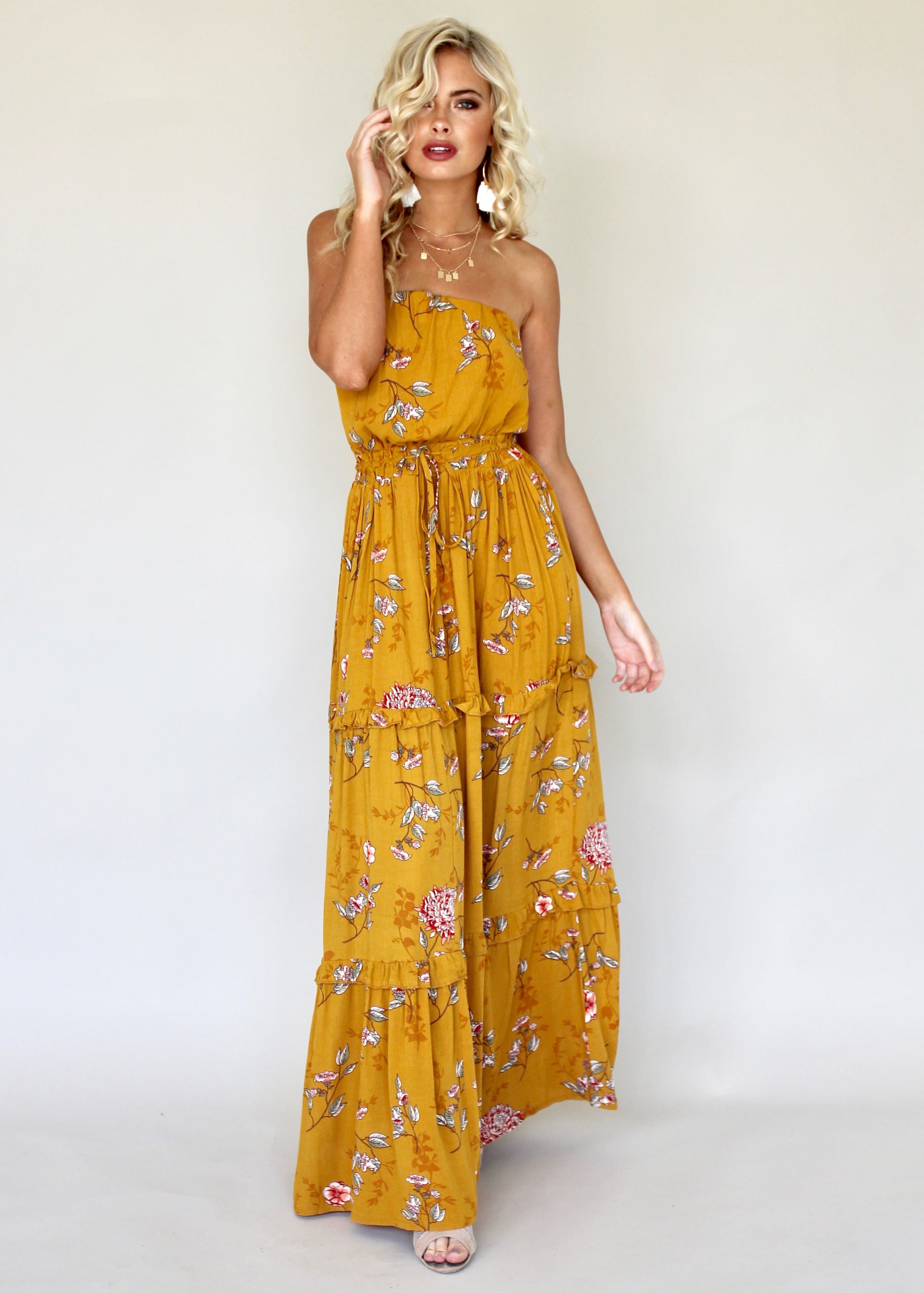 Lucina Strapless Dress - Mustard Floral
