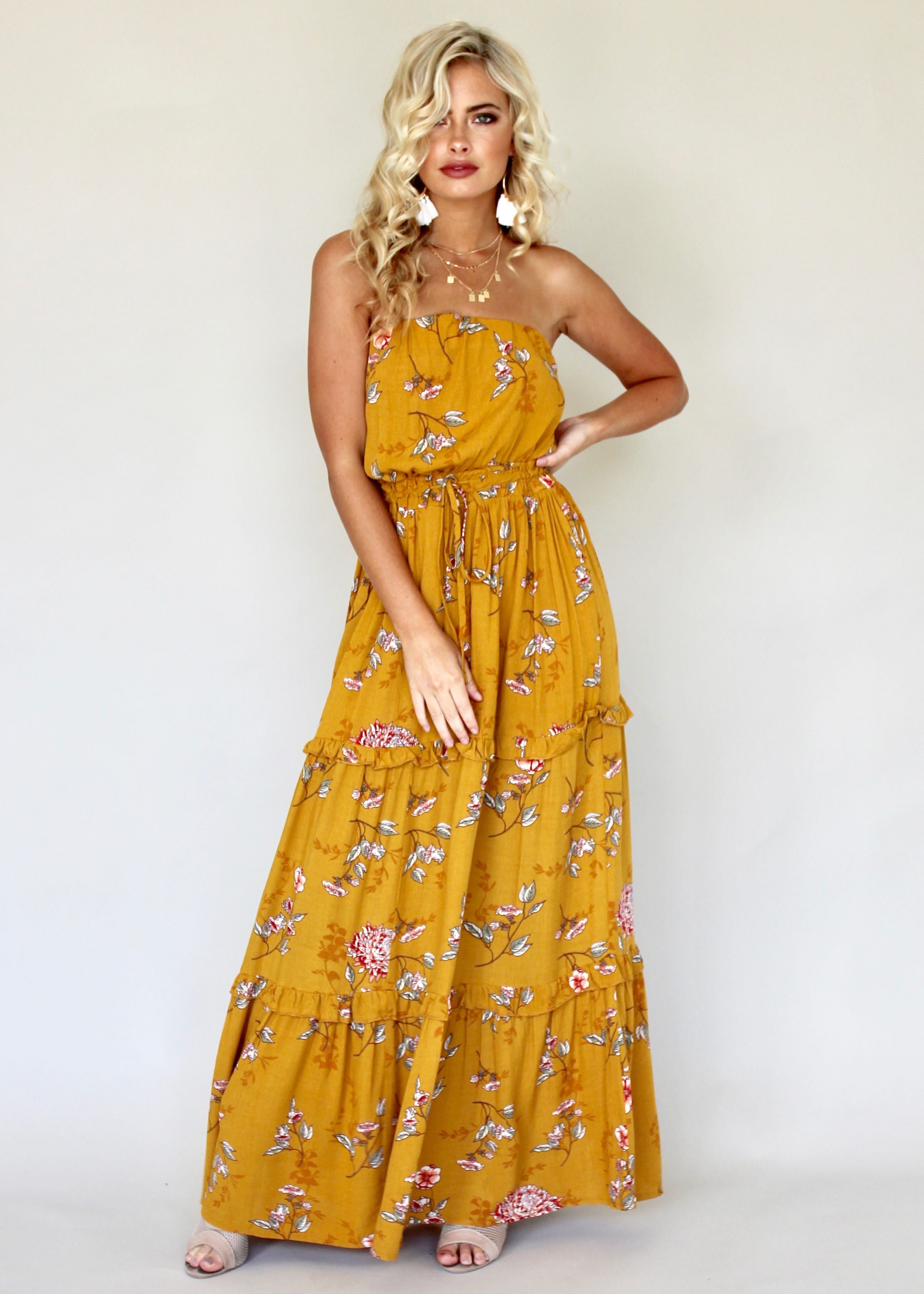 Lucina Strapless Dress - Mustard Floral