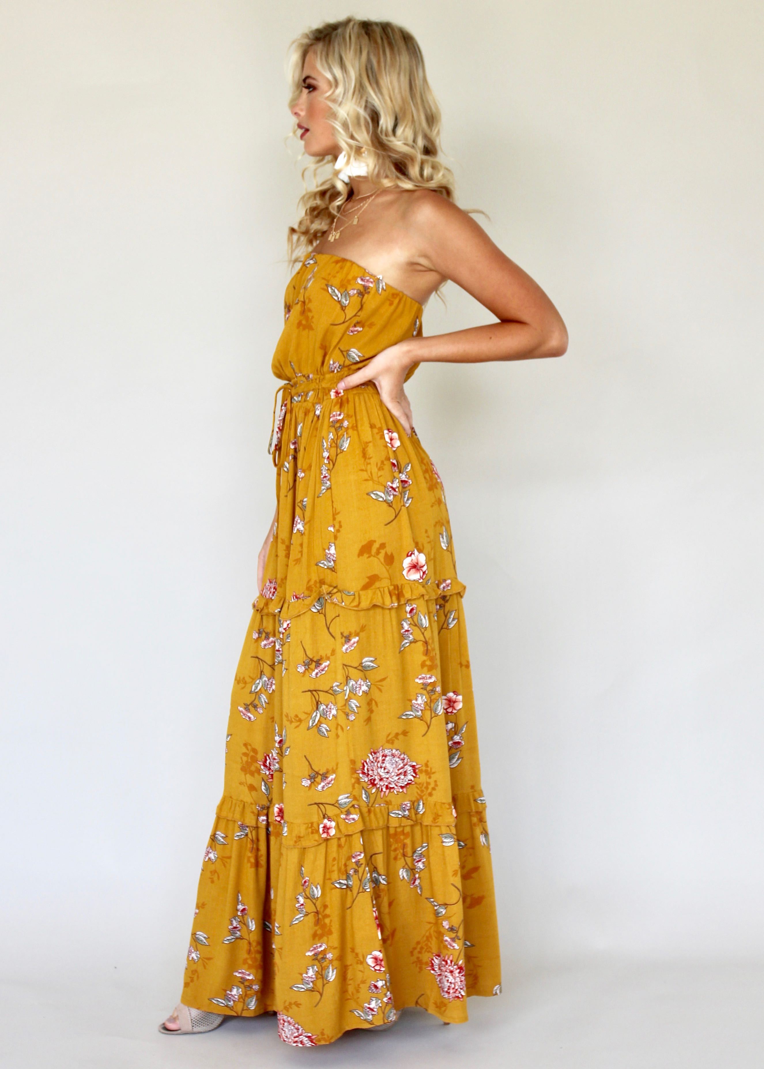 Lucina Strapless Dress - Mustard Floral