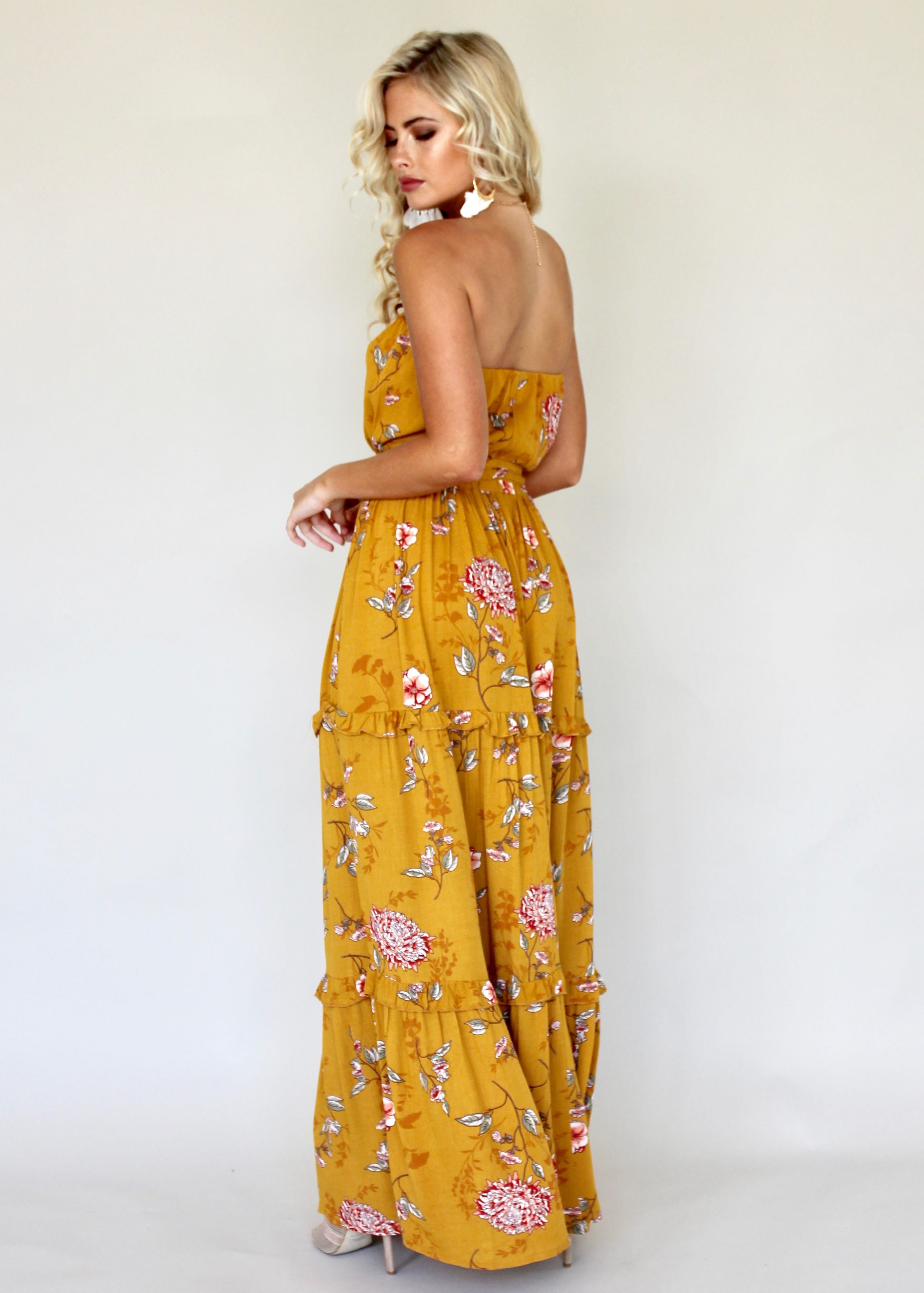 Lucina Strapless Dress - Mustard Floral