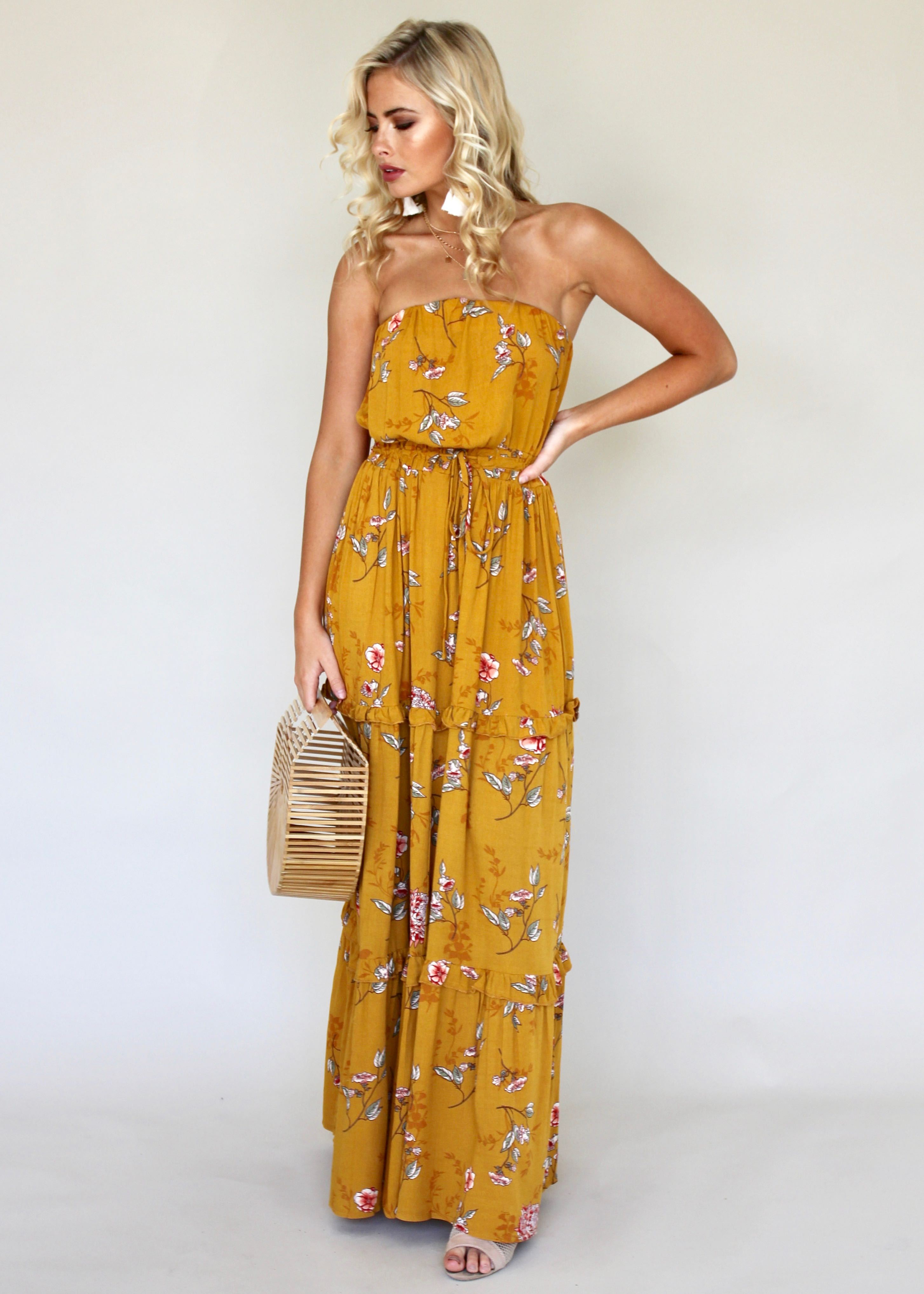 Lucina Strapless Dress - Mustard Floral