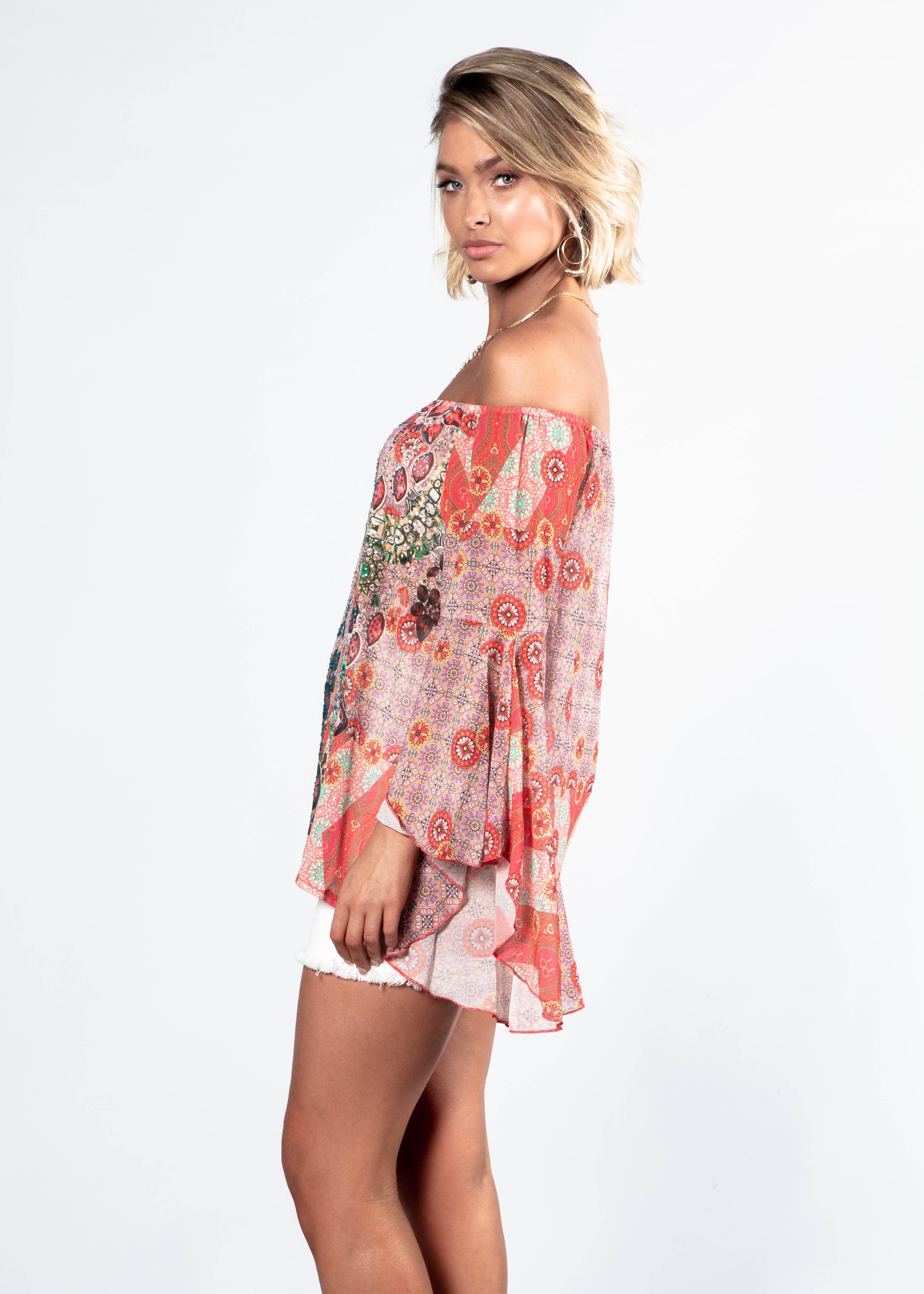 Sacramento Off Shoulder Chiffon Top - Summer Spritz