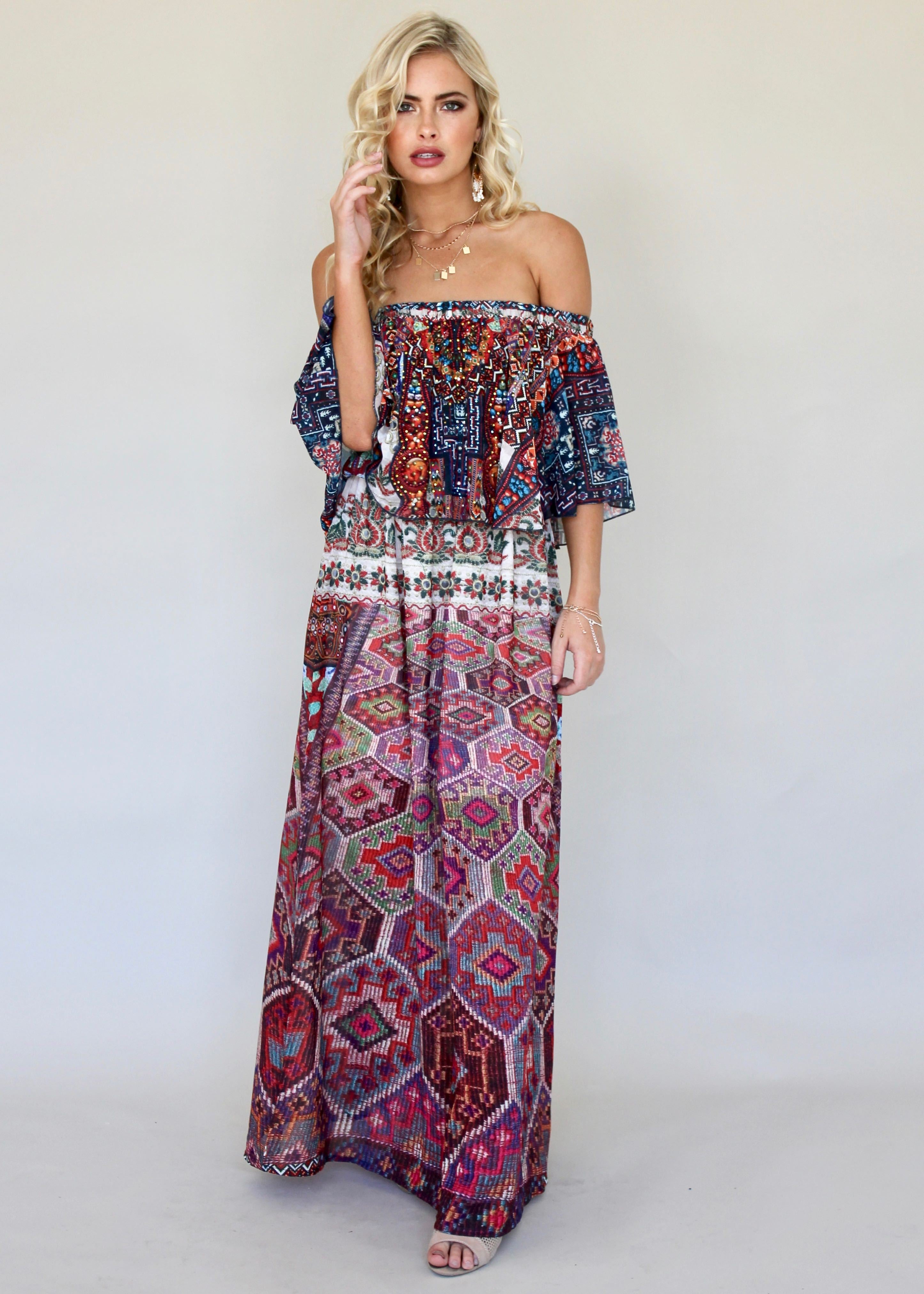 Night Sky Off Shoulder Dress - Moroccan