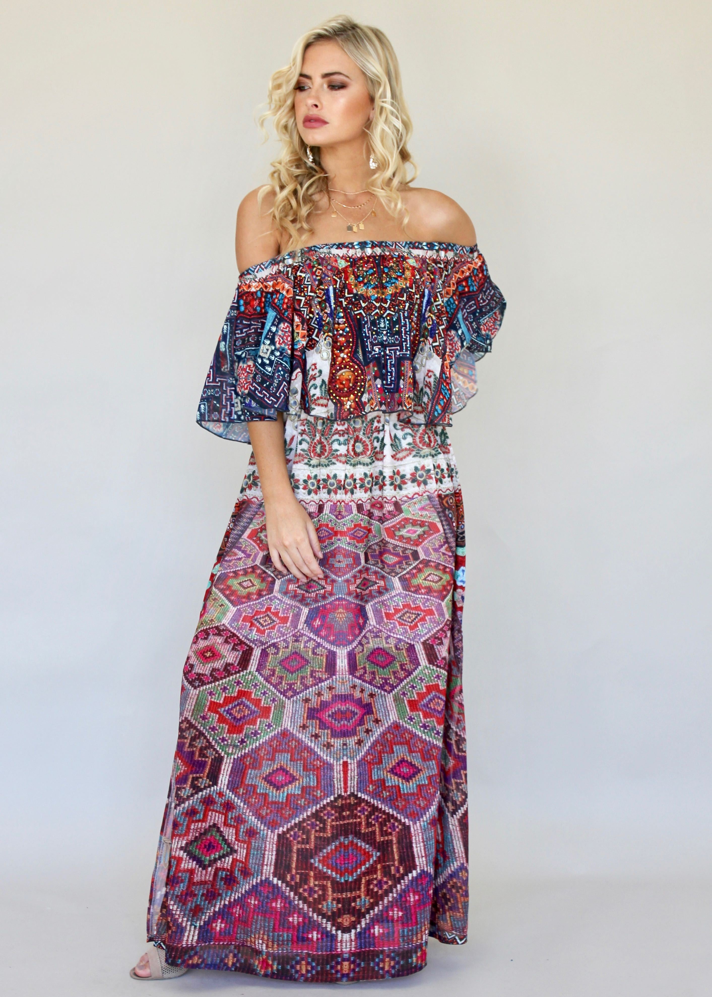 Night Sky Off Shoulder Dress - Moroccan