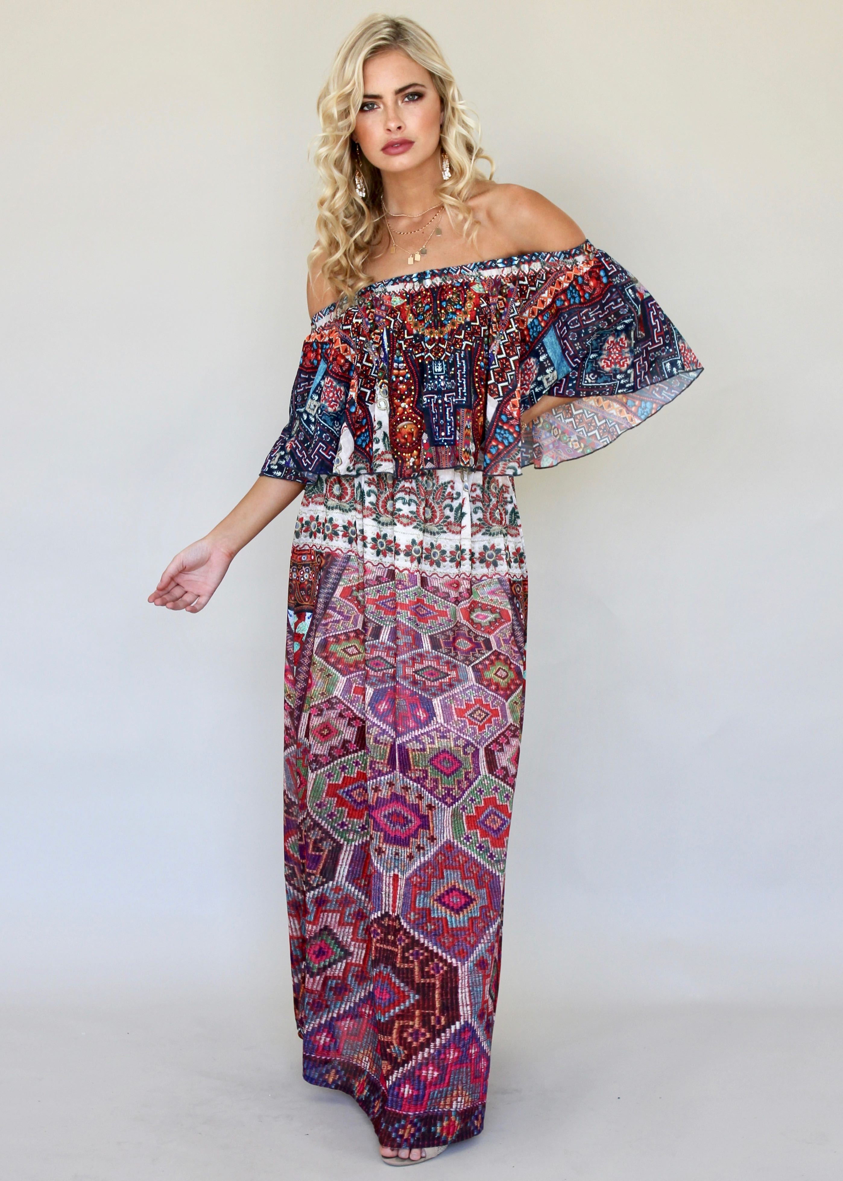 Night Sky Off Shoulder Dress - Moroccan
