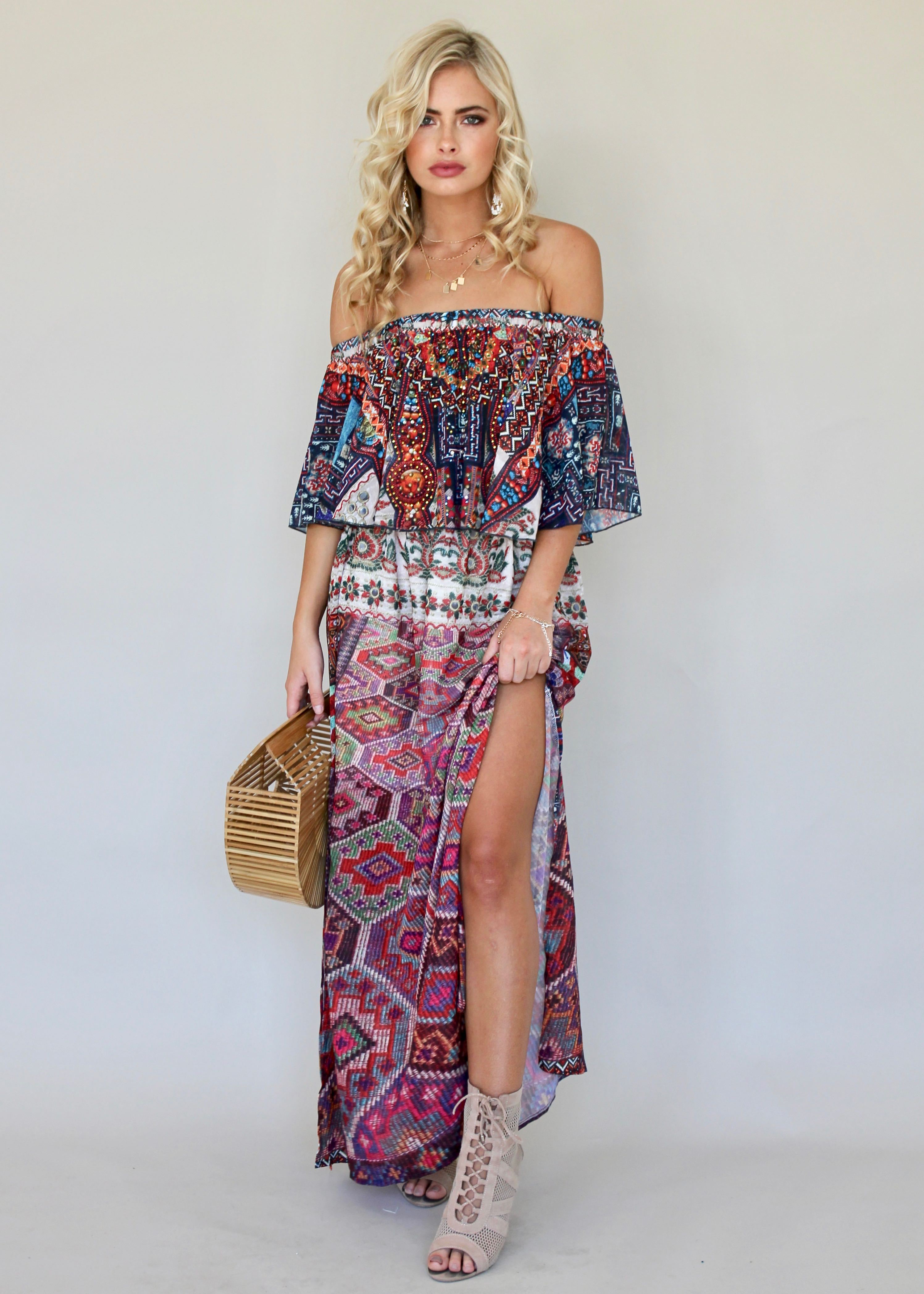 Night Sky Off Shoulder Dress - Moroccan
