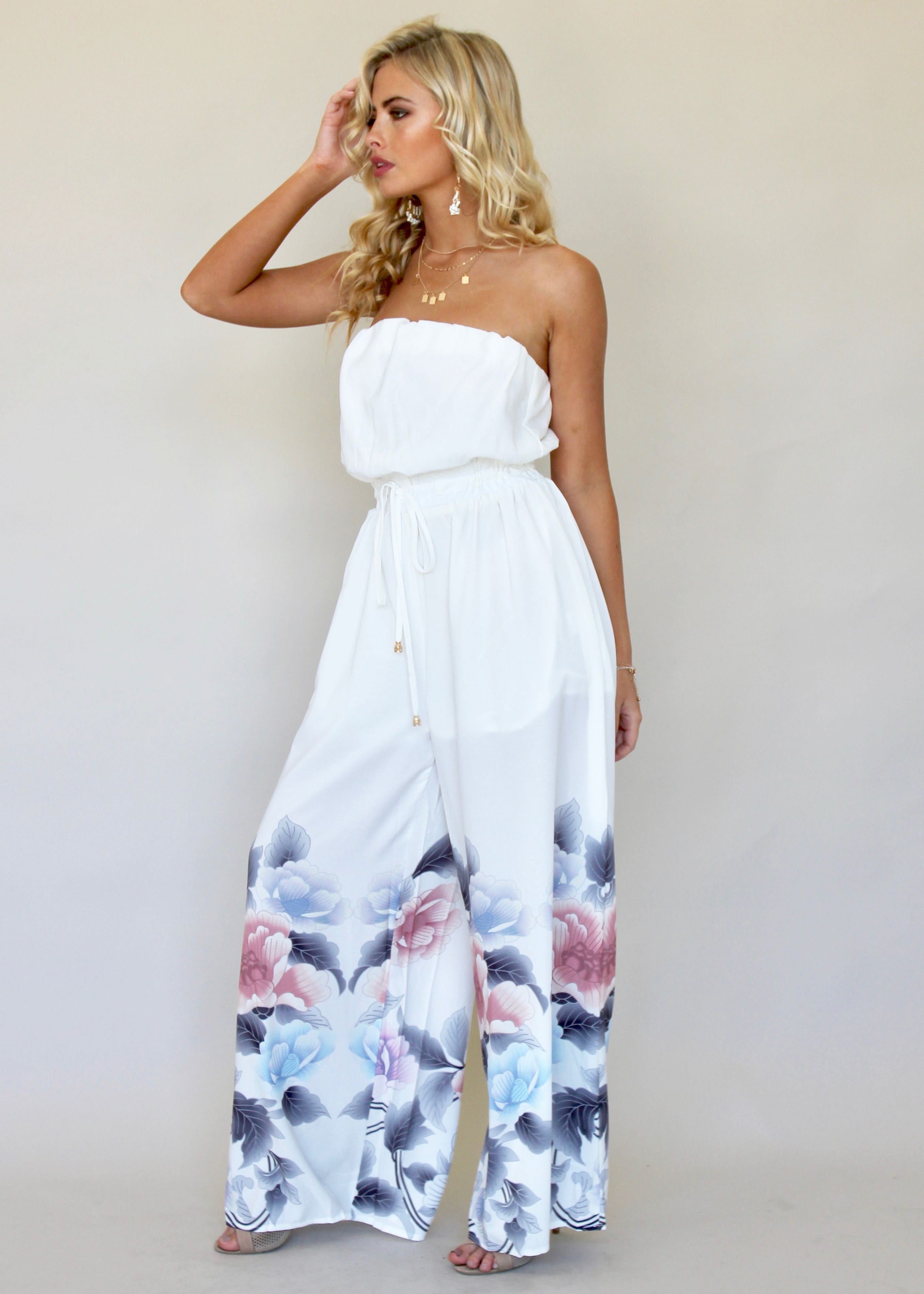 Luminous Love Strapless Pantsuit - White Floral