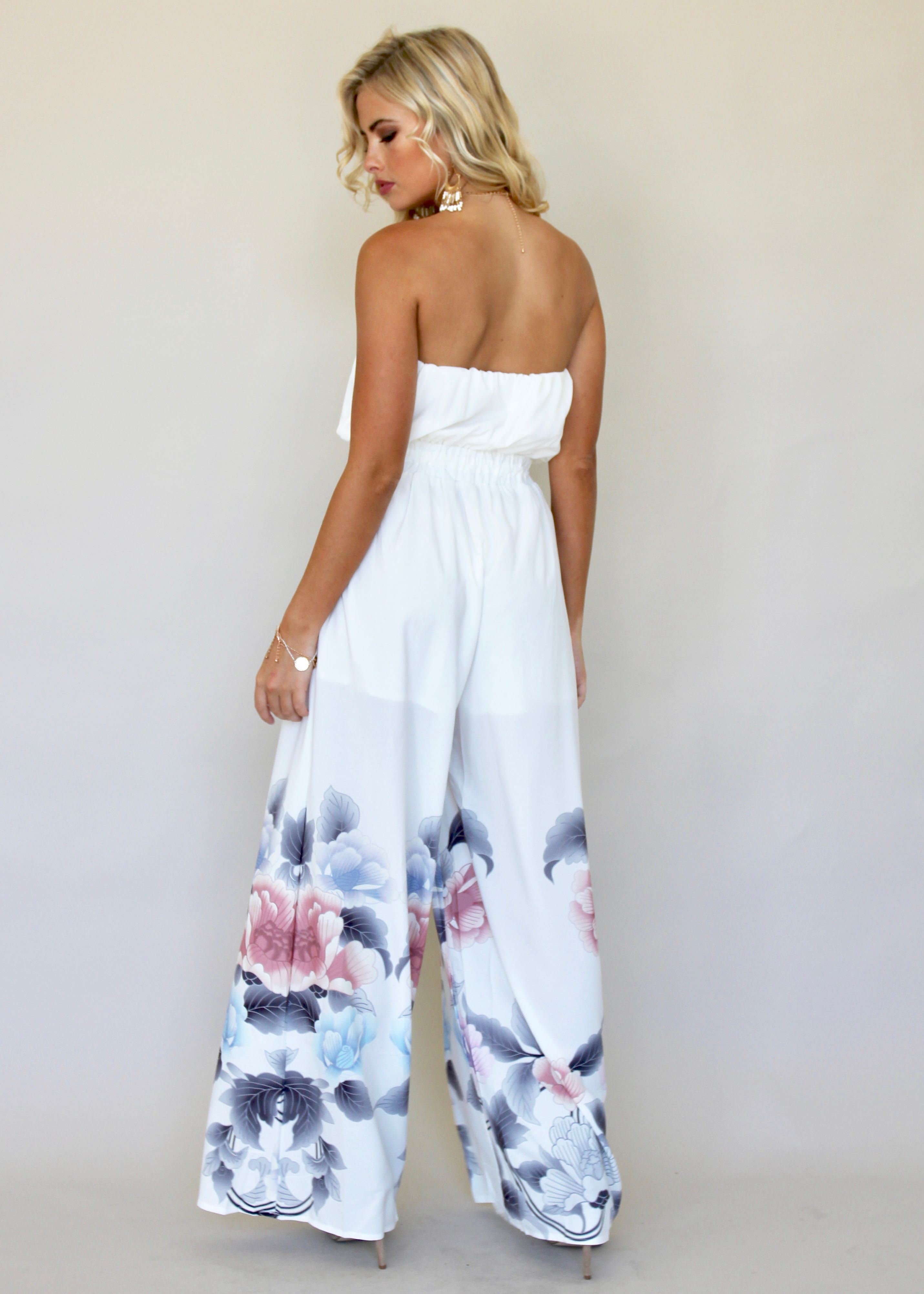Luminous Love Strapless Pantsuit - White Floral