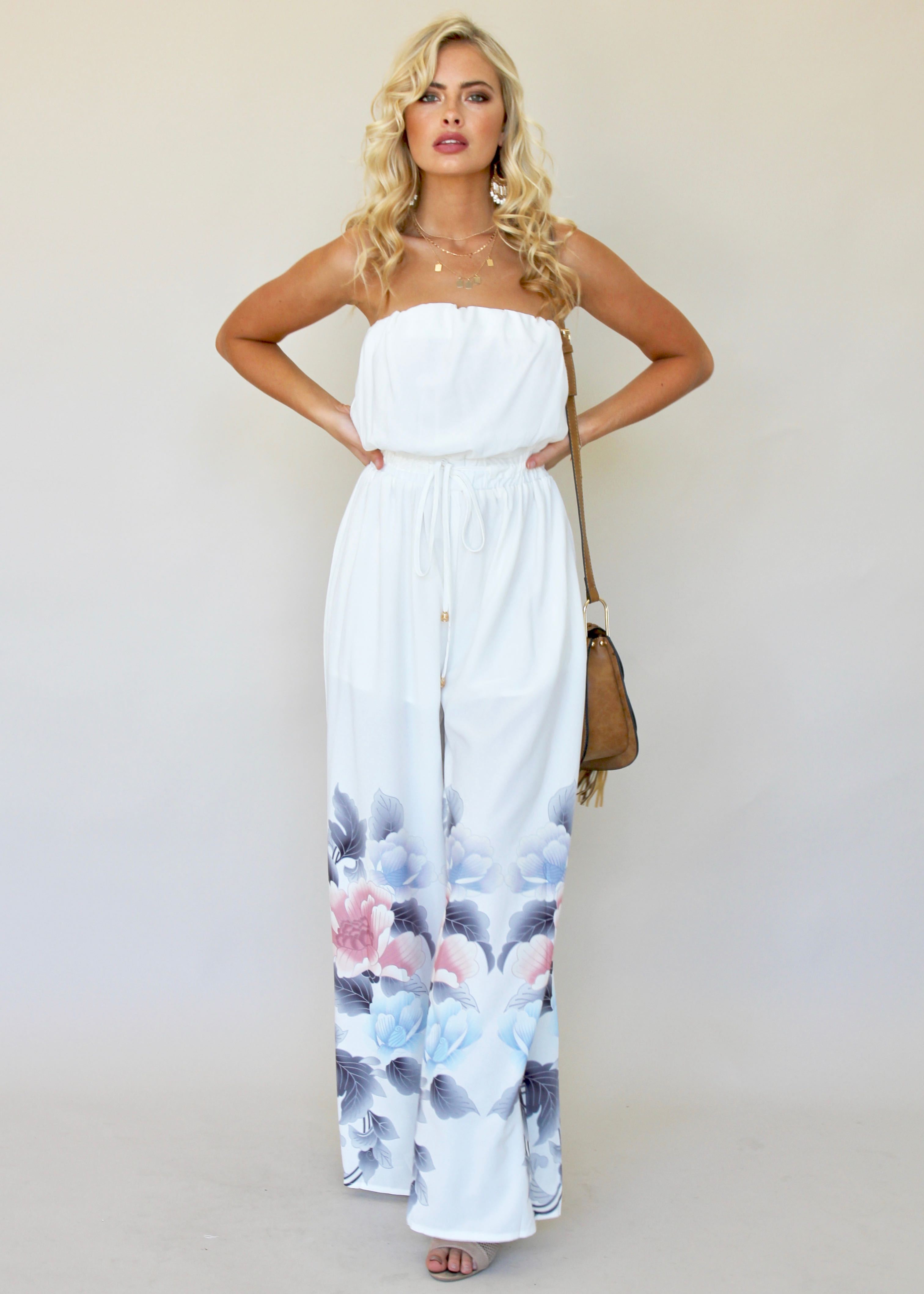 Luminous Love Strapless Pantsuit - White Floral